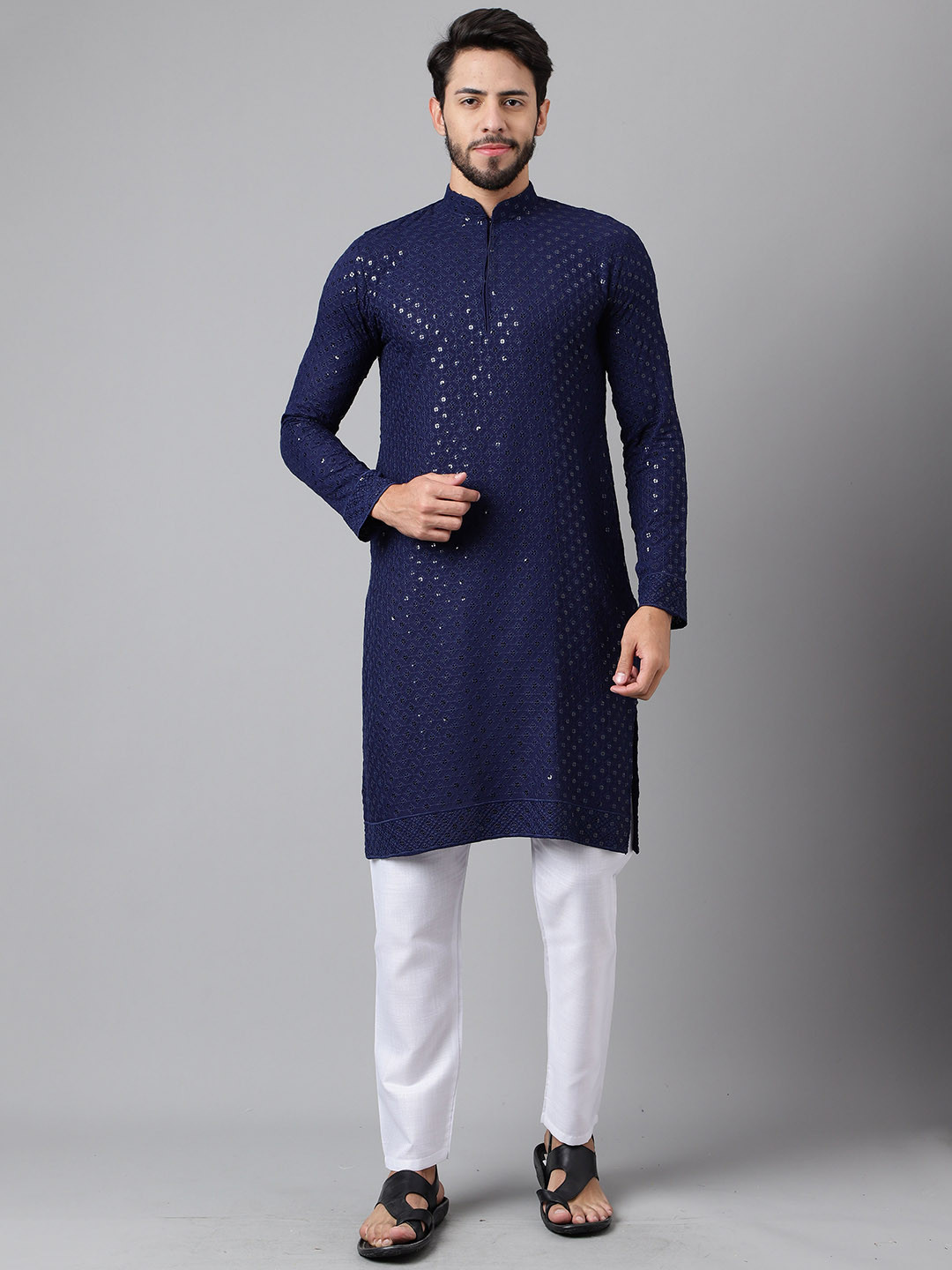

SHADOW & SAINING Geometric Embroidered Sequinned Cotton Silk Kurta, Navy blue