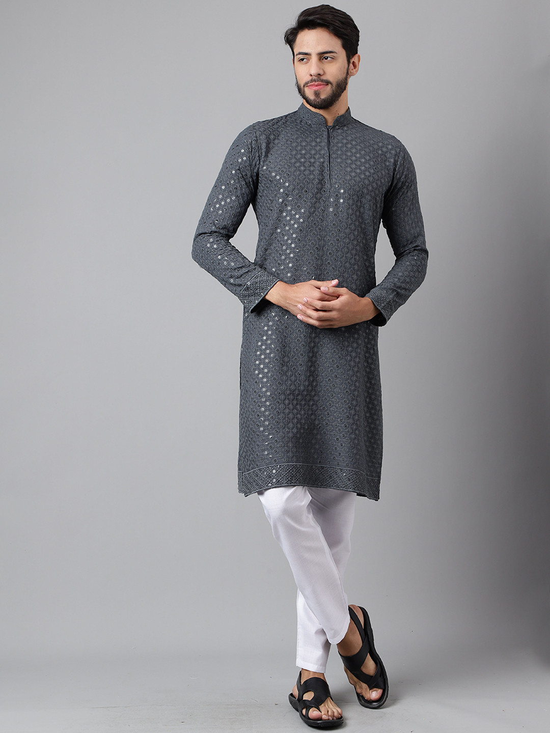 

SHADOW & SAINING Ethnic Motifs Embroidered Sequinned Cotton Silk Straight Kurta, Grey
