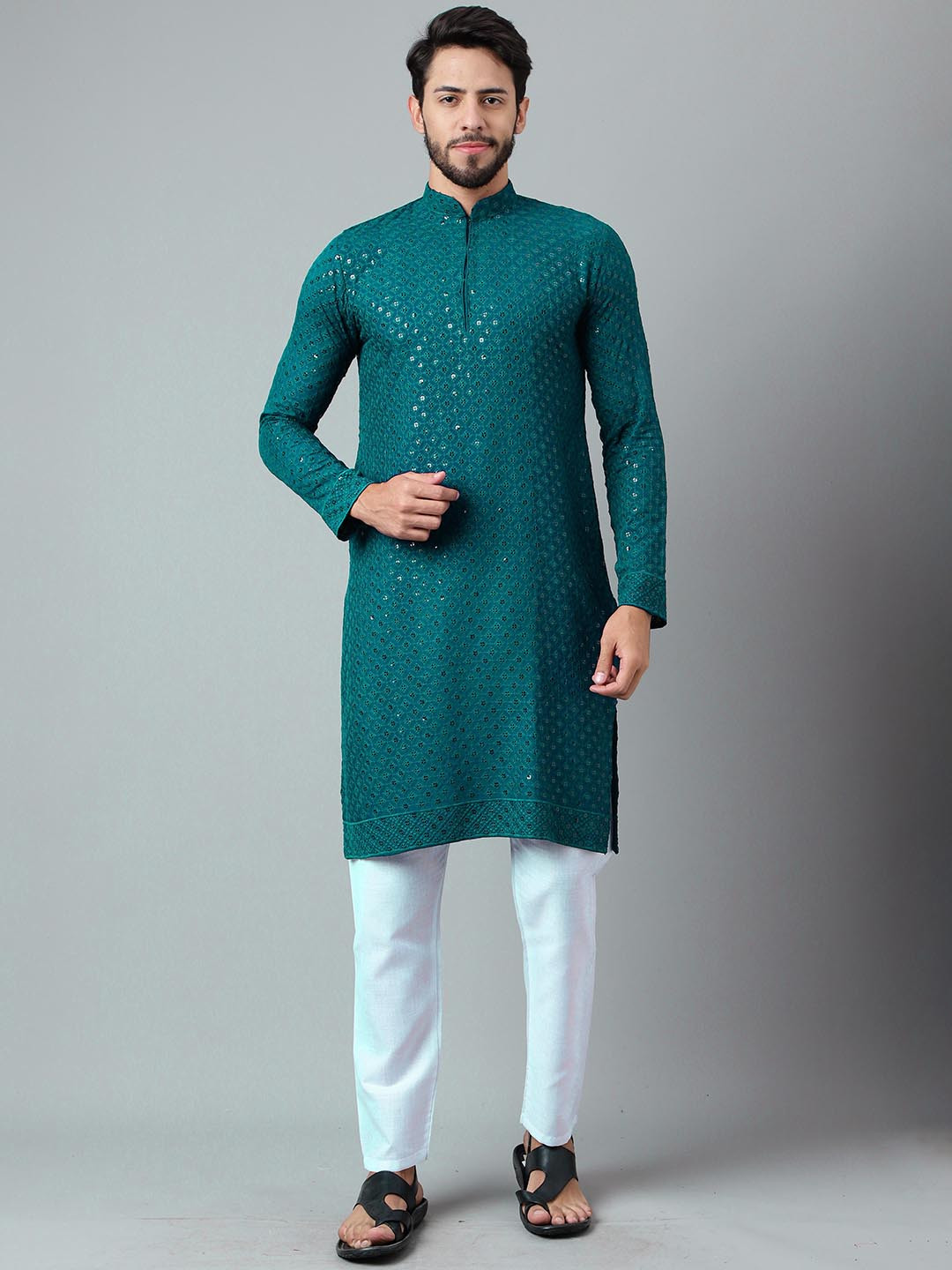 

SHADOW & SAINING Ethnic Motifs Embroidered Sequinned Cotton Silk Straight Kurta, Teal
