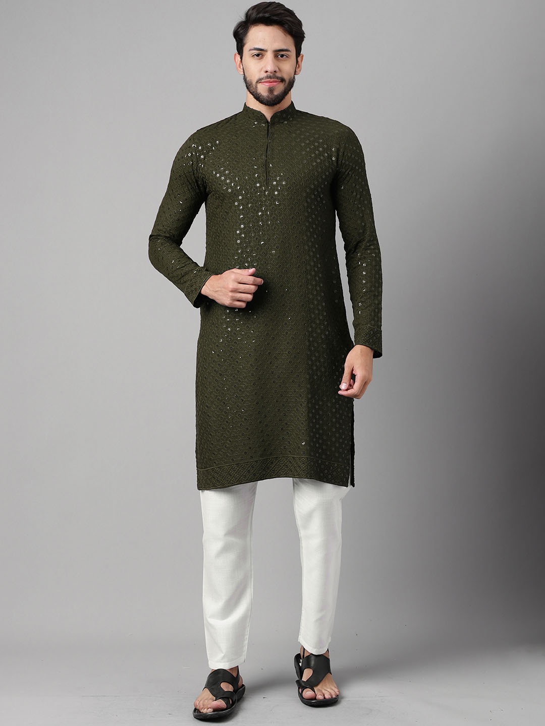 

SHADOW & SAINING Ethnic Motifs Embroidered Sequinned Cotton Silk Straight Kurta, Olive
