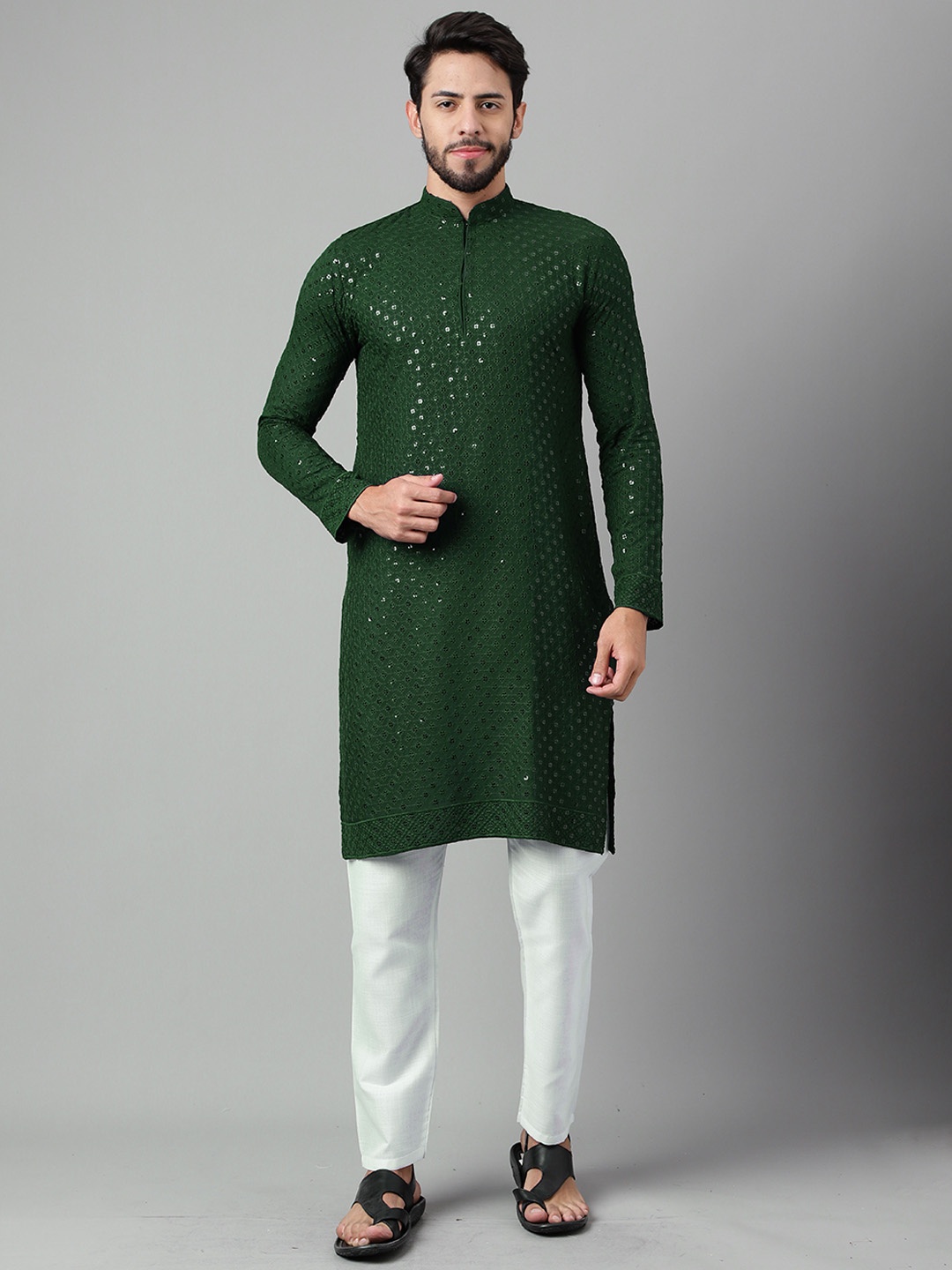 

SHADOW & SAINING Ethnic Motifs Embroidered Sequined Cotton Silk Kurta, Green