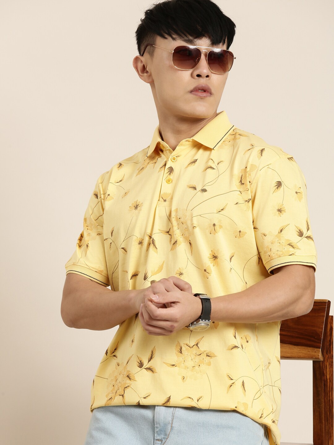 

Joven Floral Printed Polo Collar Cotton T-shirt, Yellow