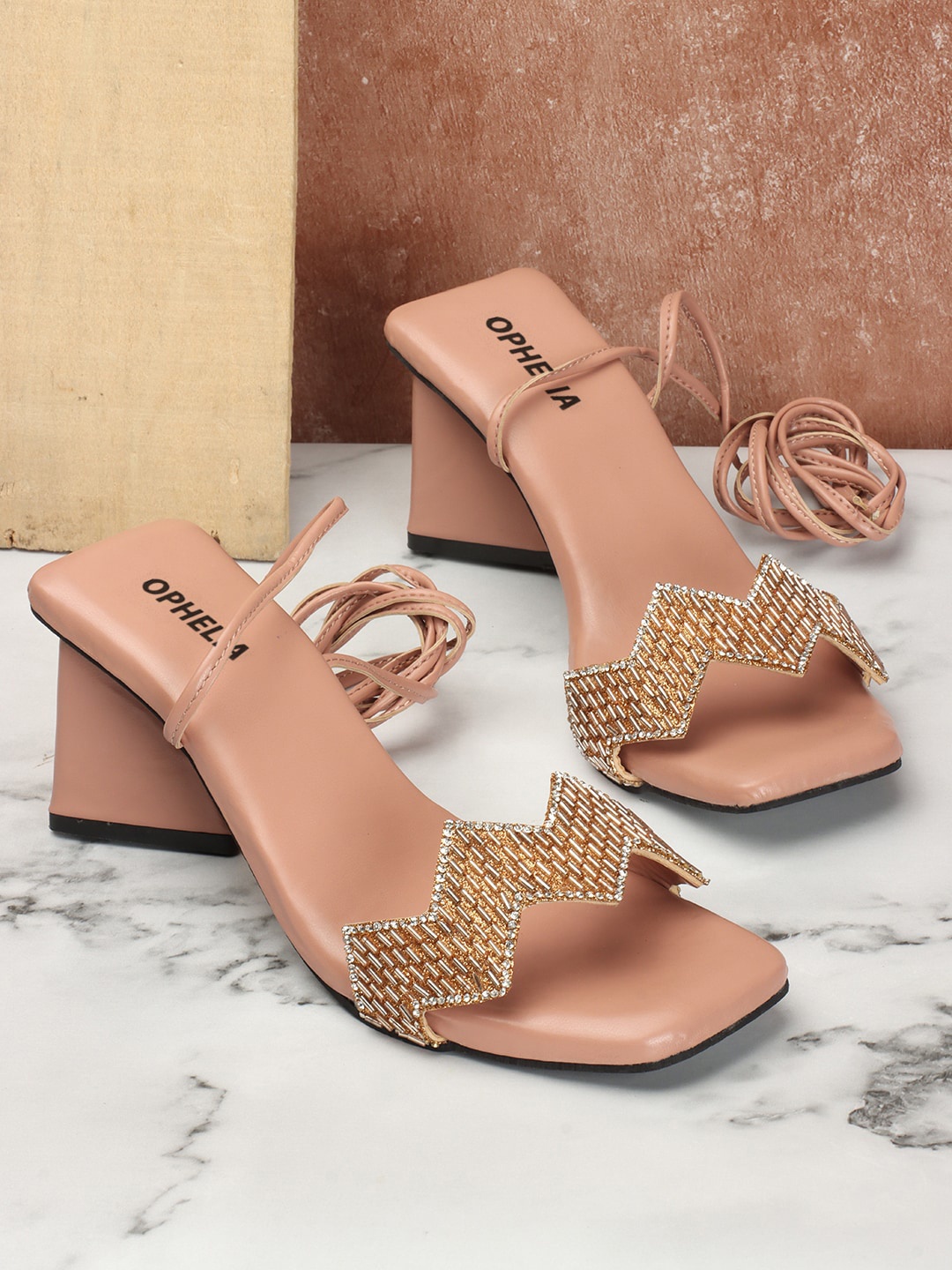 

OPHELIA Embellished Open Toe Block Heel Gladiators, Peach