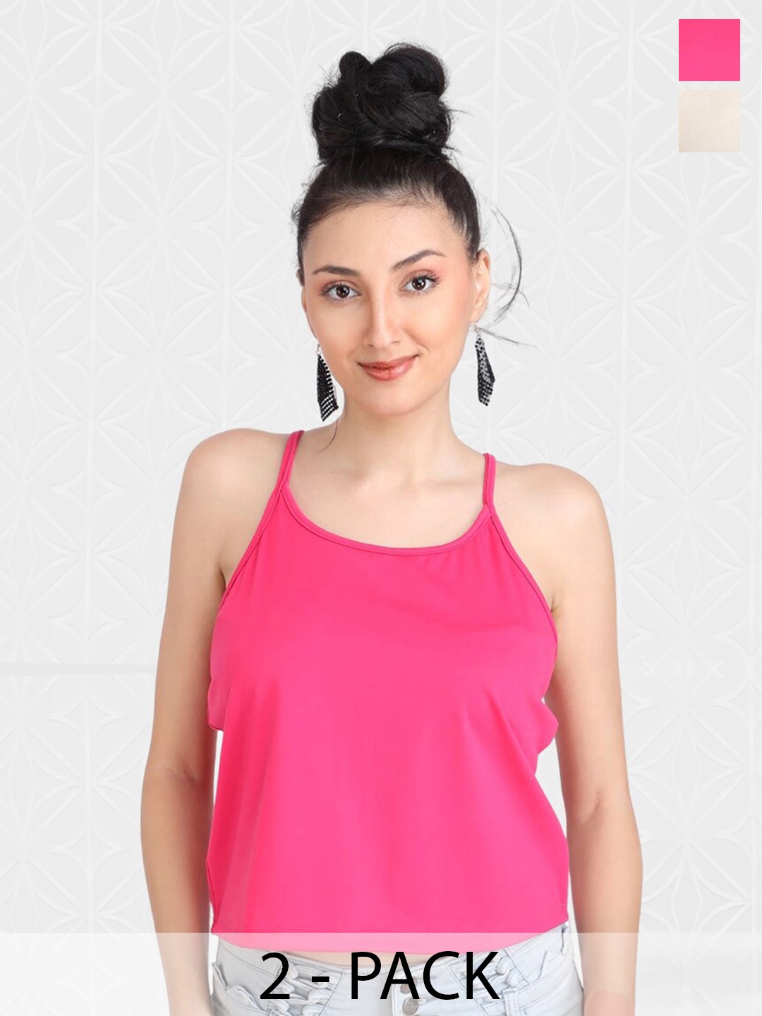 

Designer Bugs Pack Of 2 Shoulder Straps Tank Crop Top, Pink