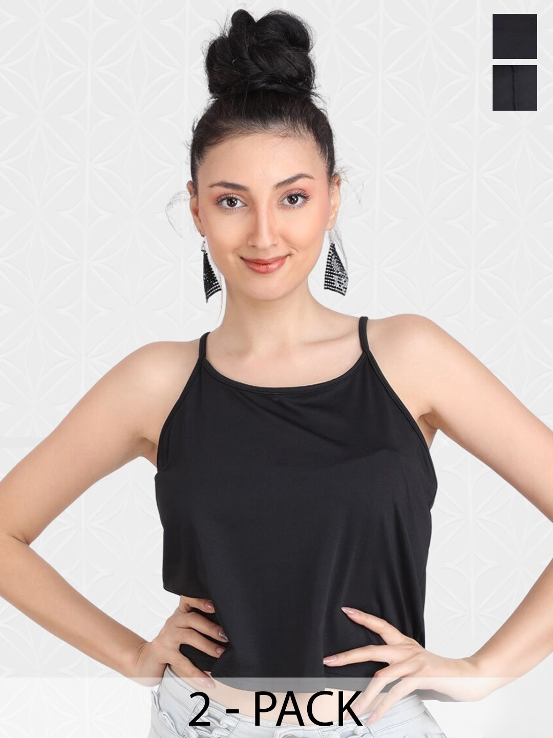 

Designer Bugs Pack Of 2 Shoulder Straps Cotton Crop Top, Black