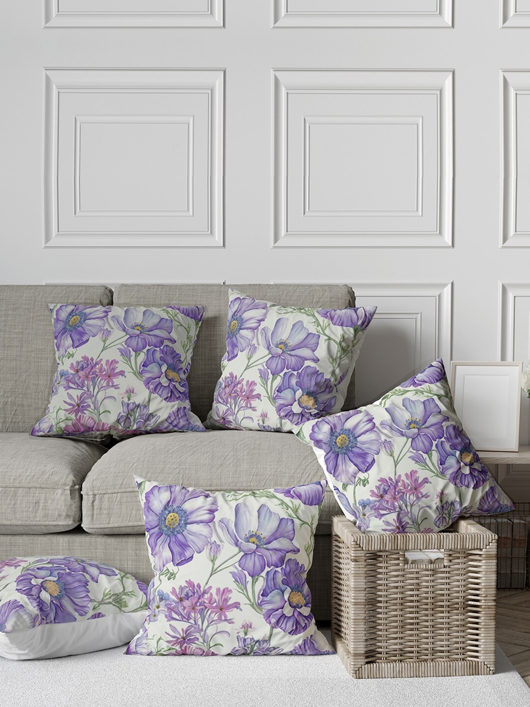 

Tasseled Home Purple & White 5 Pieces Floral Satin Square Cushion Covers