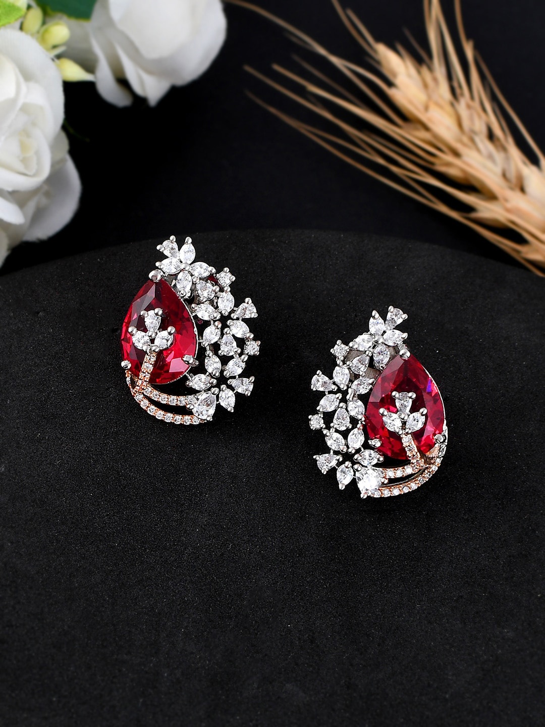 

Voylla Rhodium-Plated Cubic Zirconia Leaf Shaped Studs Earrings, Gold
