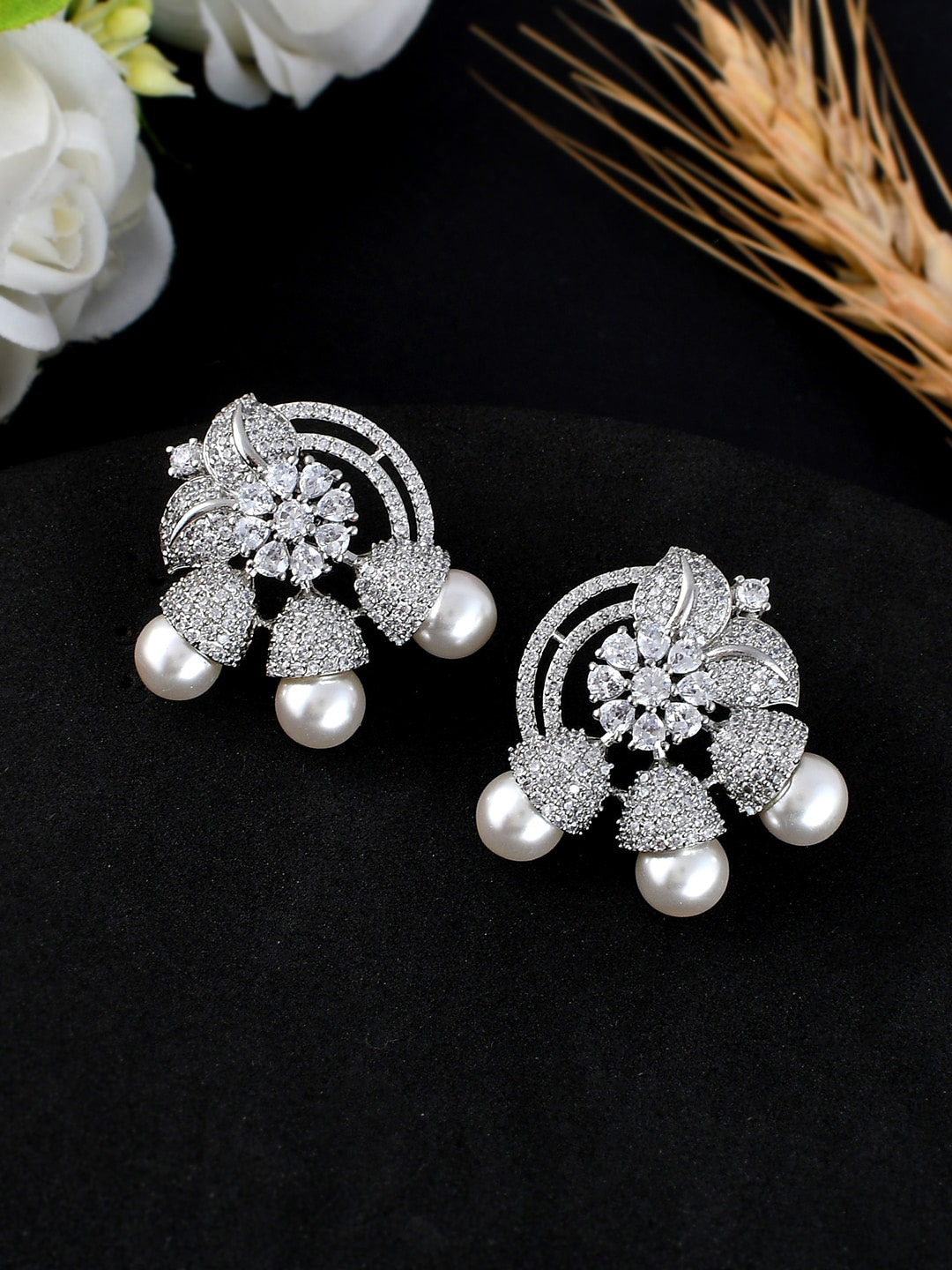 

Voylla Rhodium-Plated Cubic Zirconia Contemporary Studs Earrings, Silver