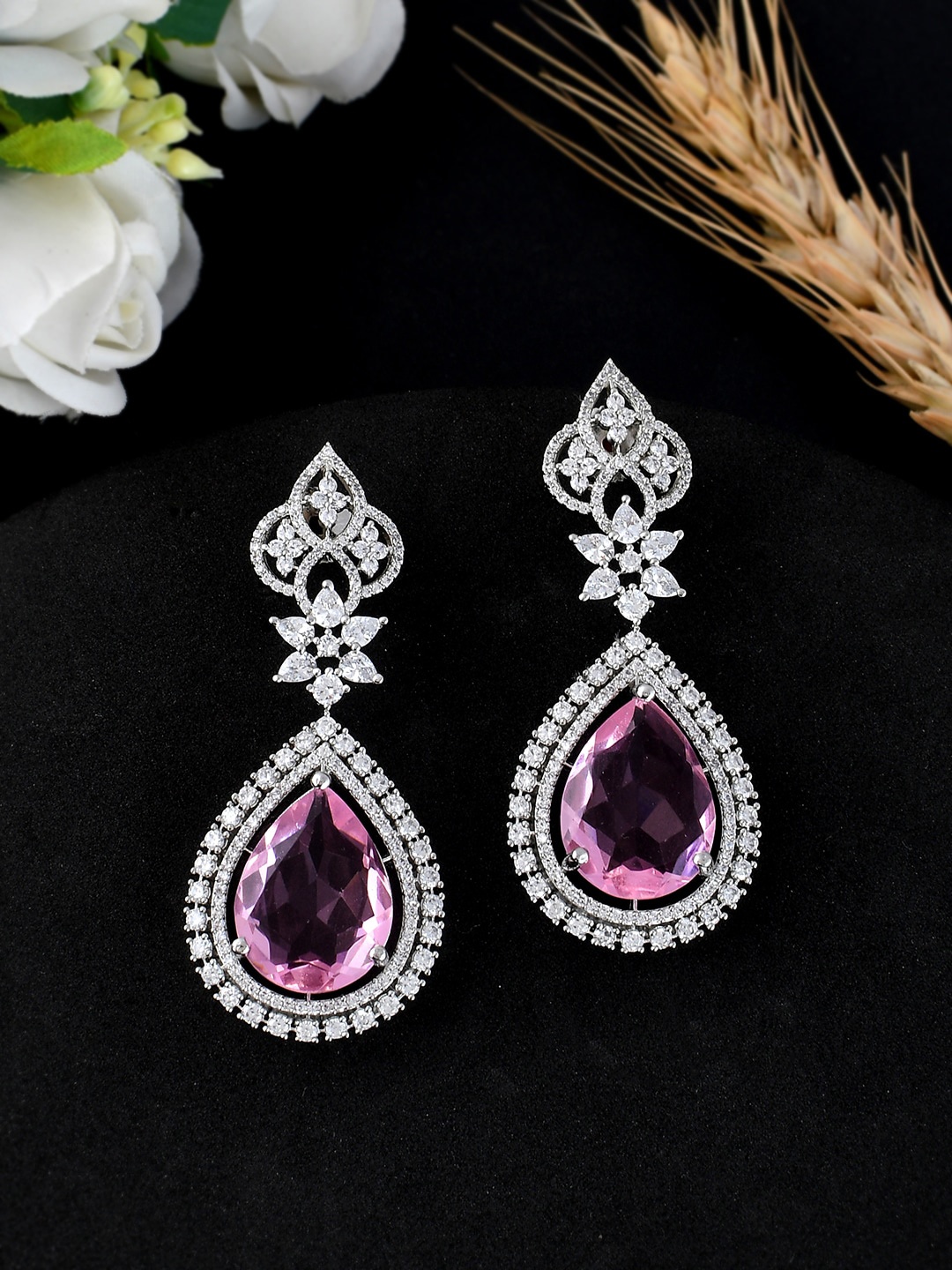 

Voylla Rhodium-Plated Cubic Zirconia Contemporary Drop Earrings, Silver