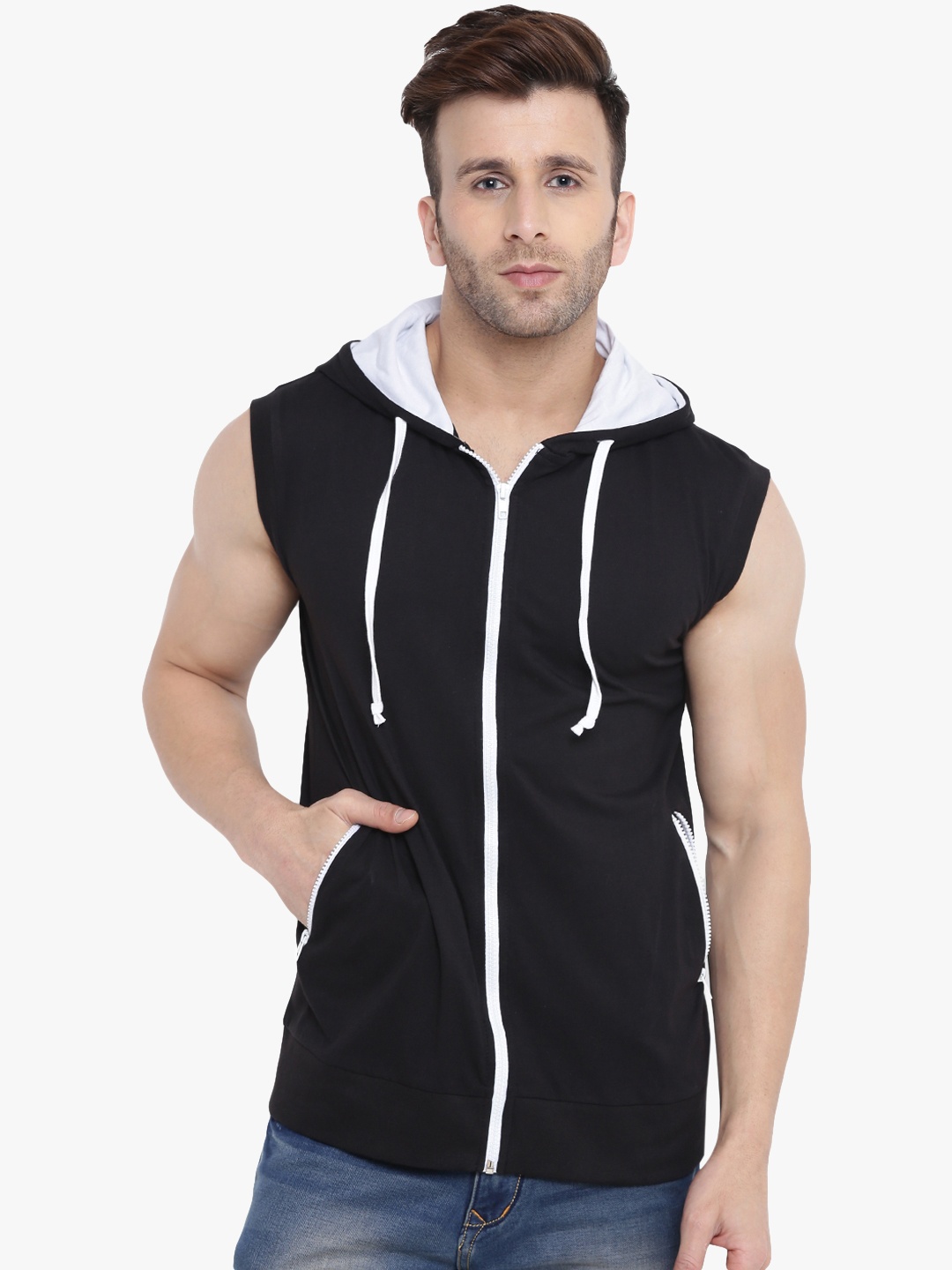 

GRITSTONES Men Black Solid Sleeveless Hooded Sweatshirt
