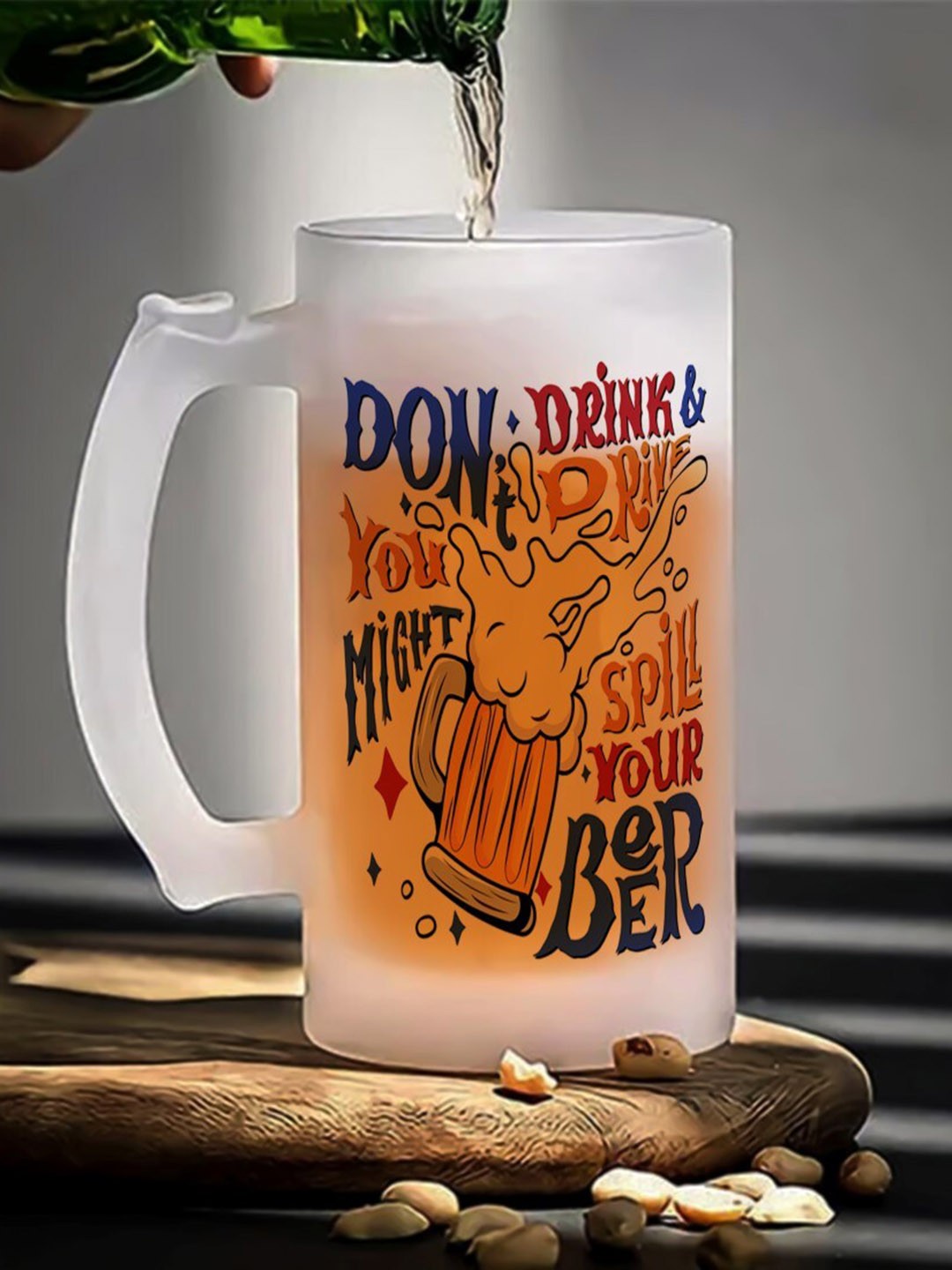 

Gathari Transparent & Black Typography Printed Beer Glass With Handle - 500 ML