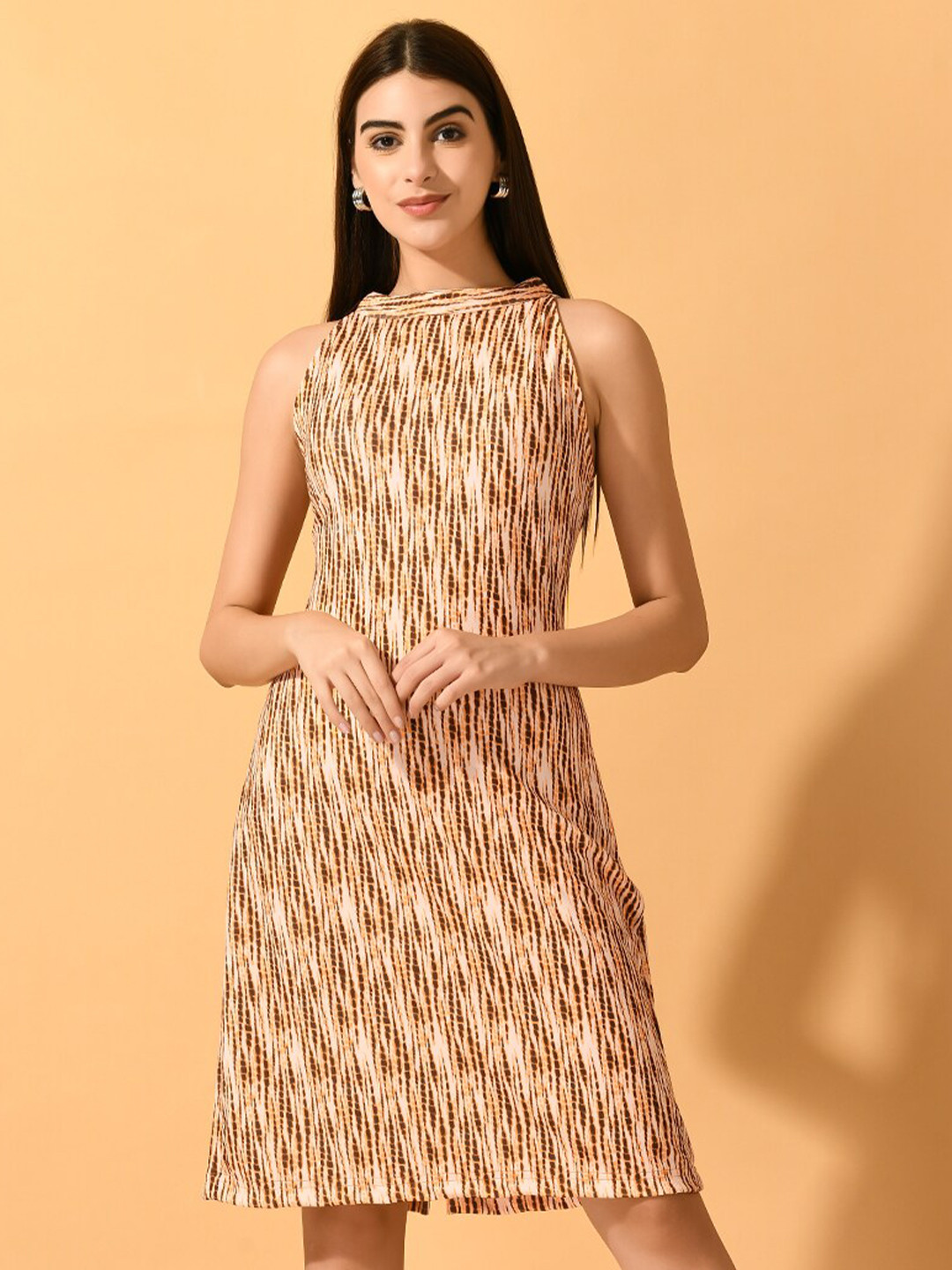 

DressBerry Yellow Abstract Printed Halter Neck Sleeveless Sheath Dress