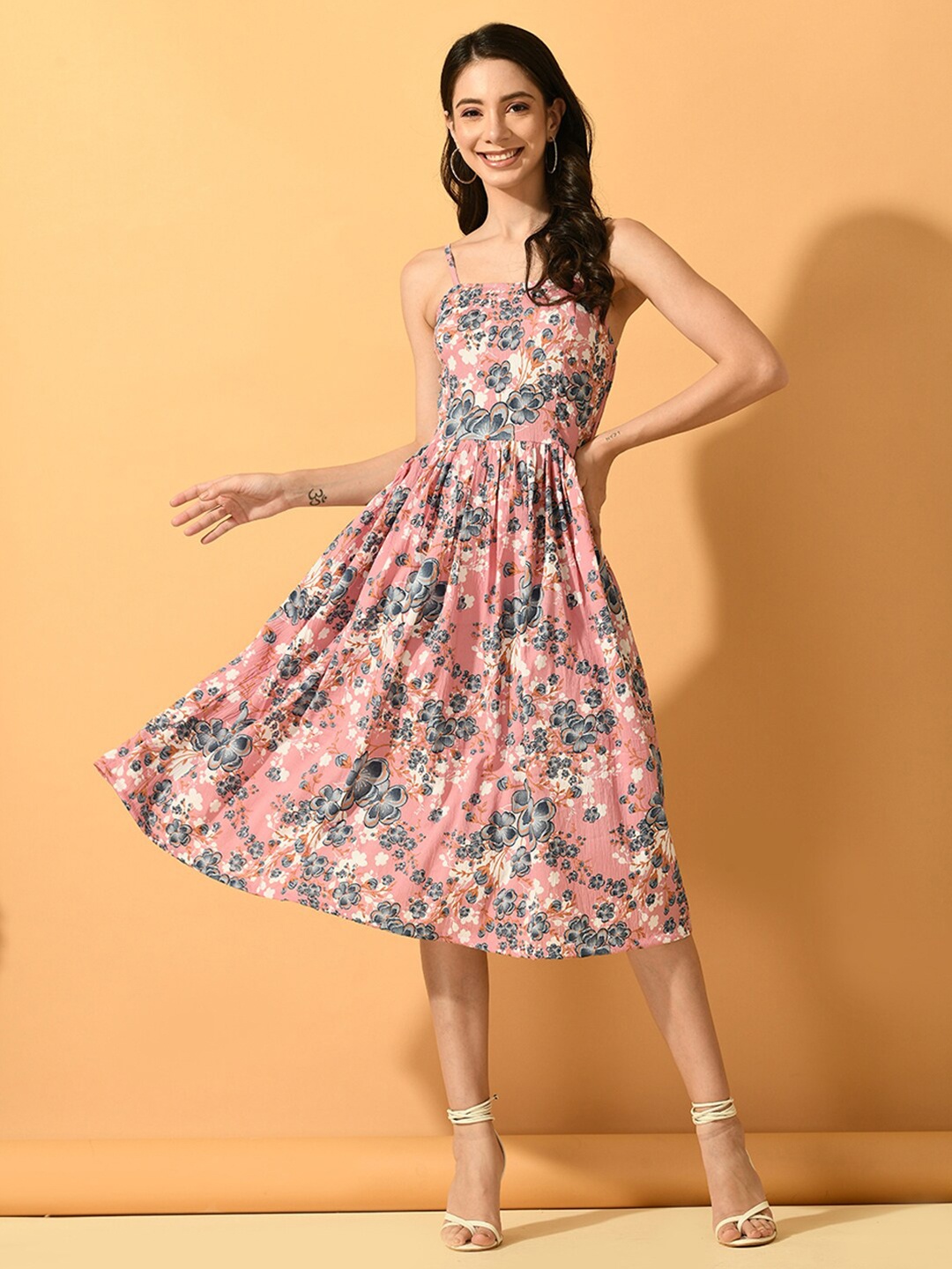 

DressBerry Pink Floral Printed Gathered Fit & Flare Midi Dress