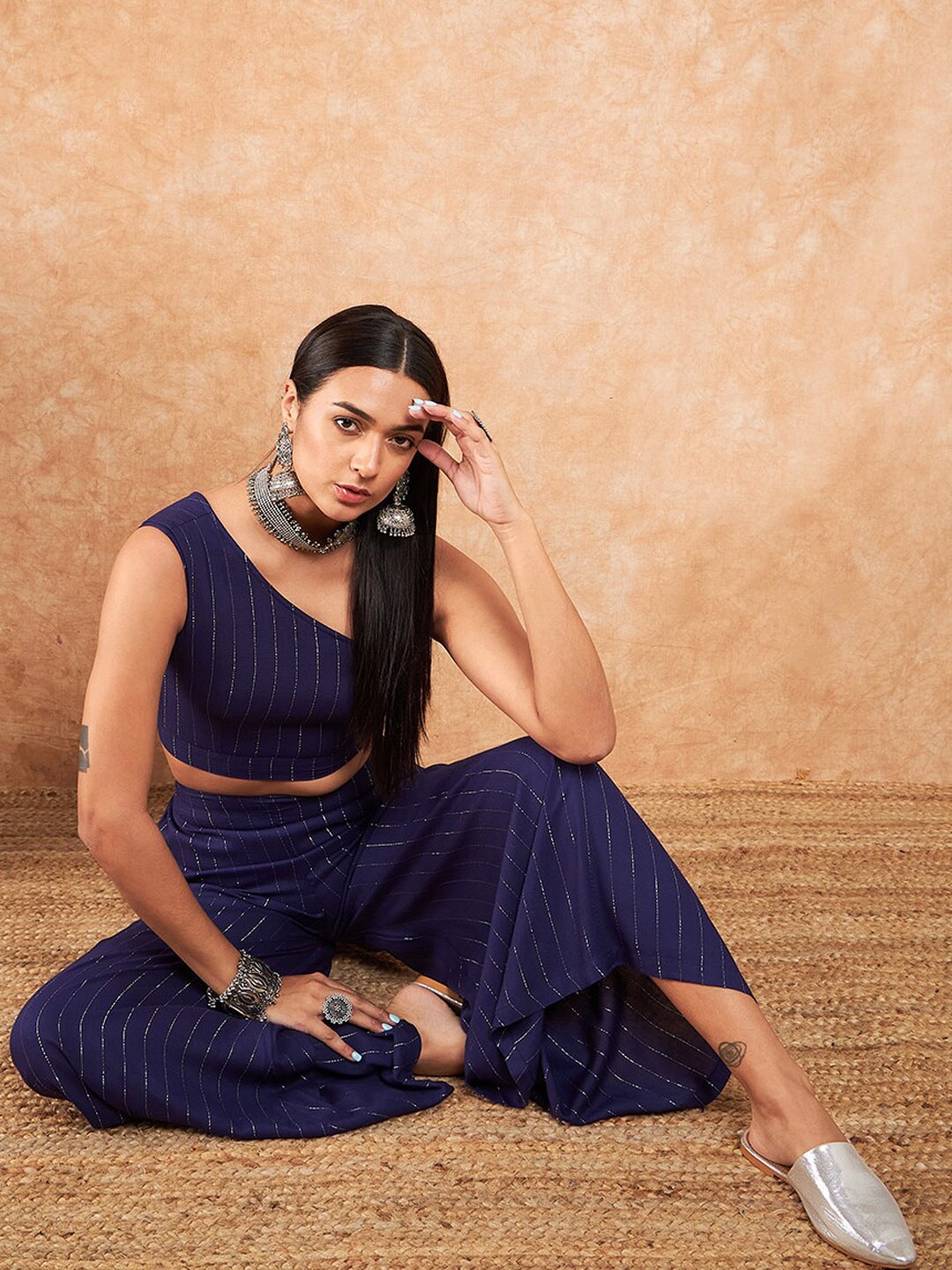 

Sangria Striped One Shoulder Crop Top With Palazzo, Blue