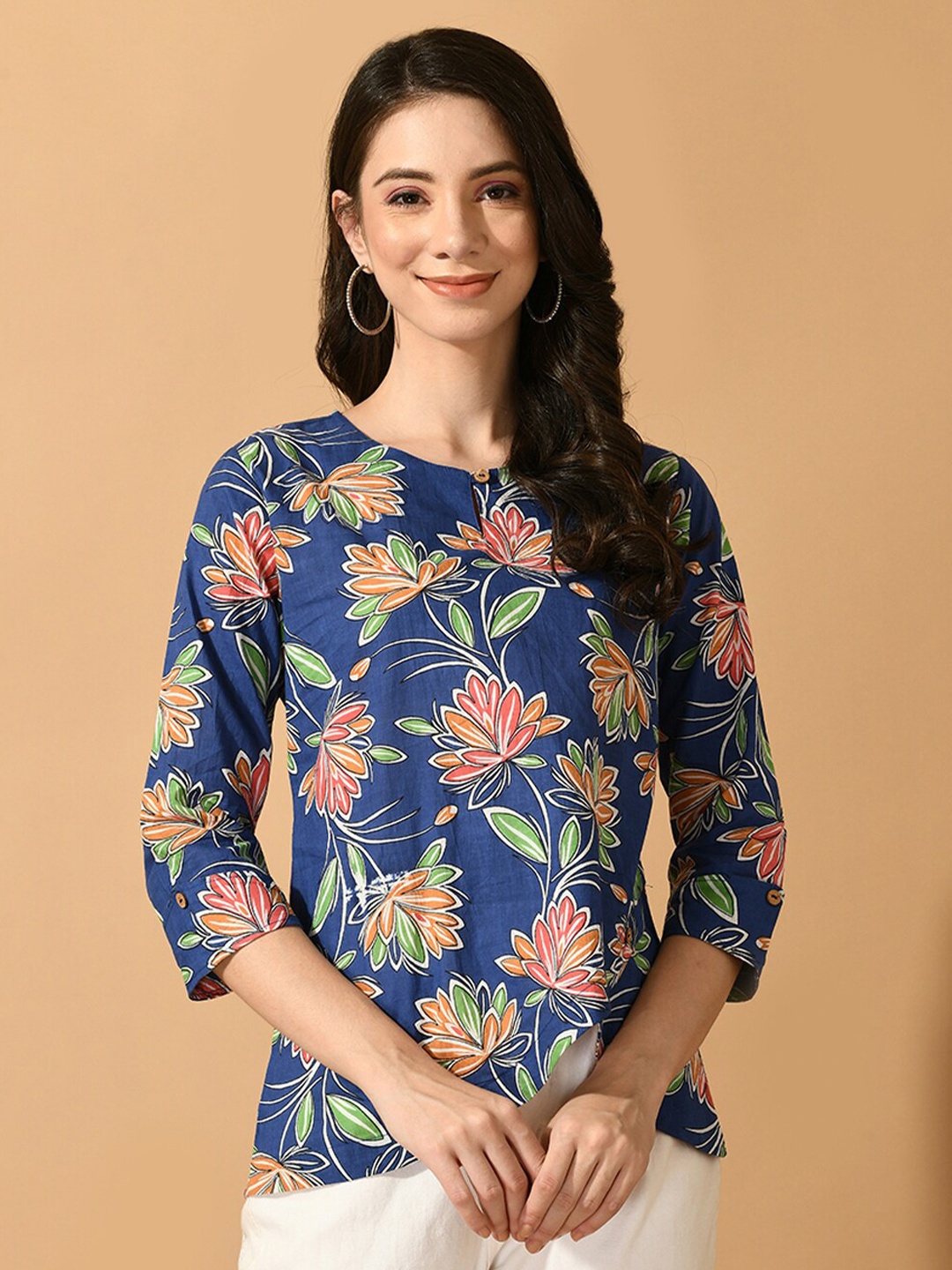 

Sangria Floral Printed Cotton A-Line Top, Blue