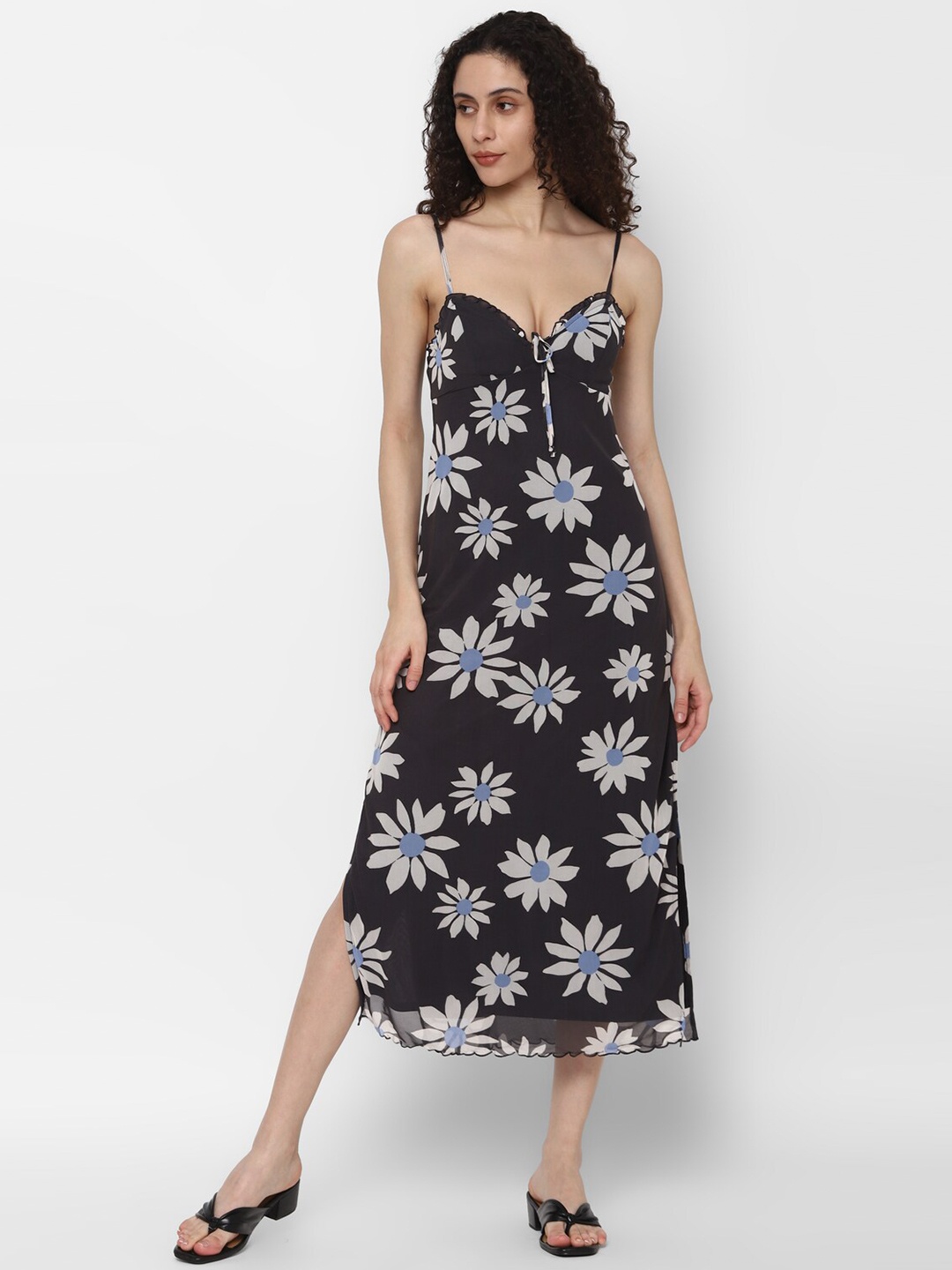 

AMERICAN EAGLE OUTFITTERS Floral Printed A-Line Midi Dress, Black