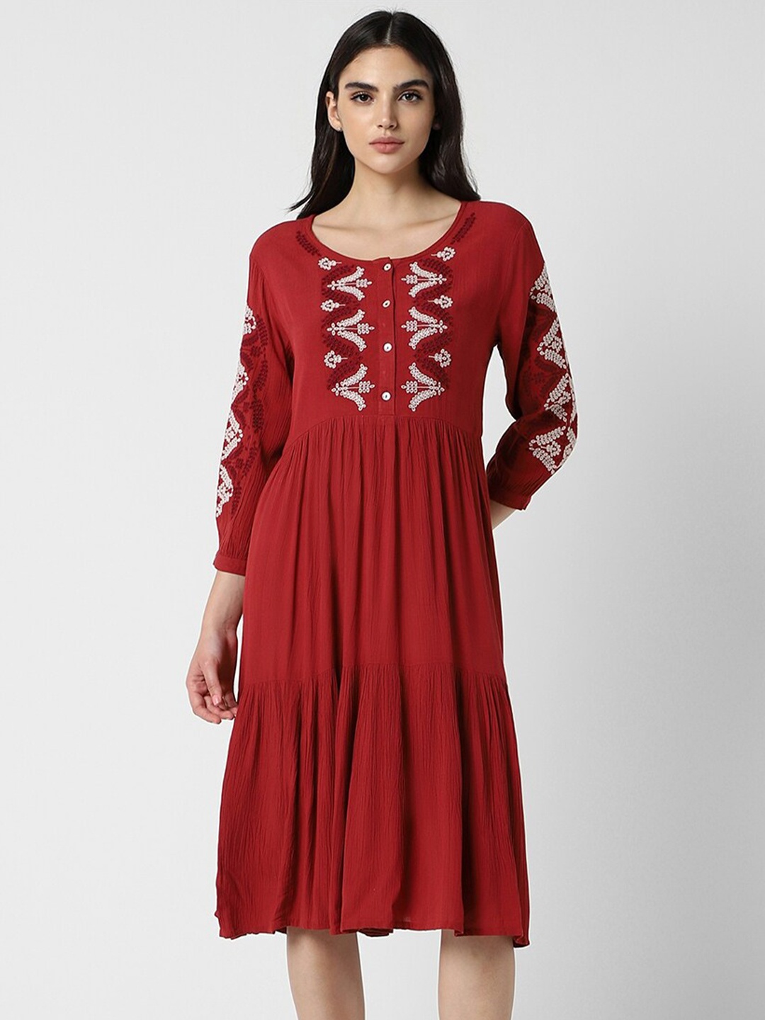 

Van Heusen Woman Embroidered Fit & Flare Midi Dress, Red