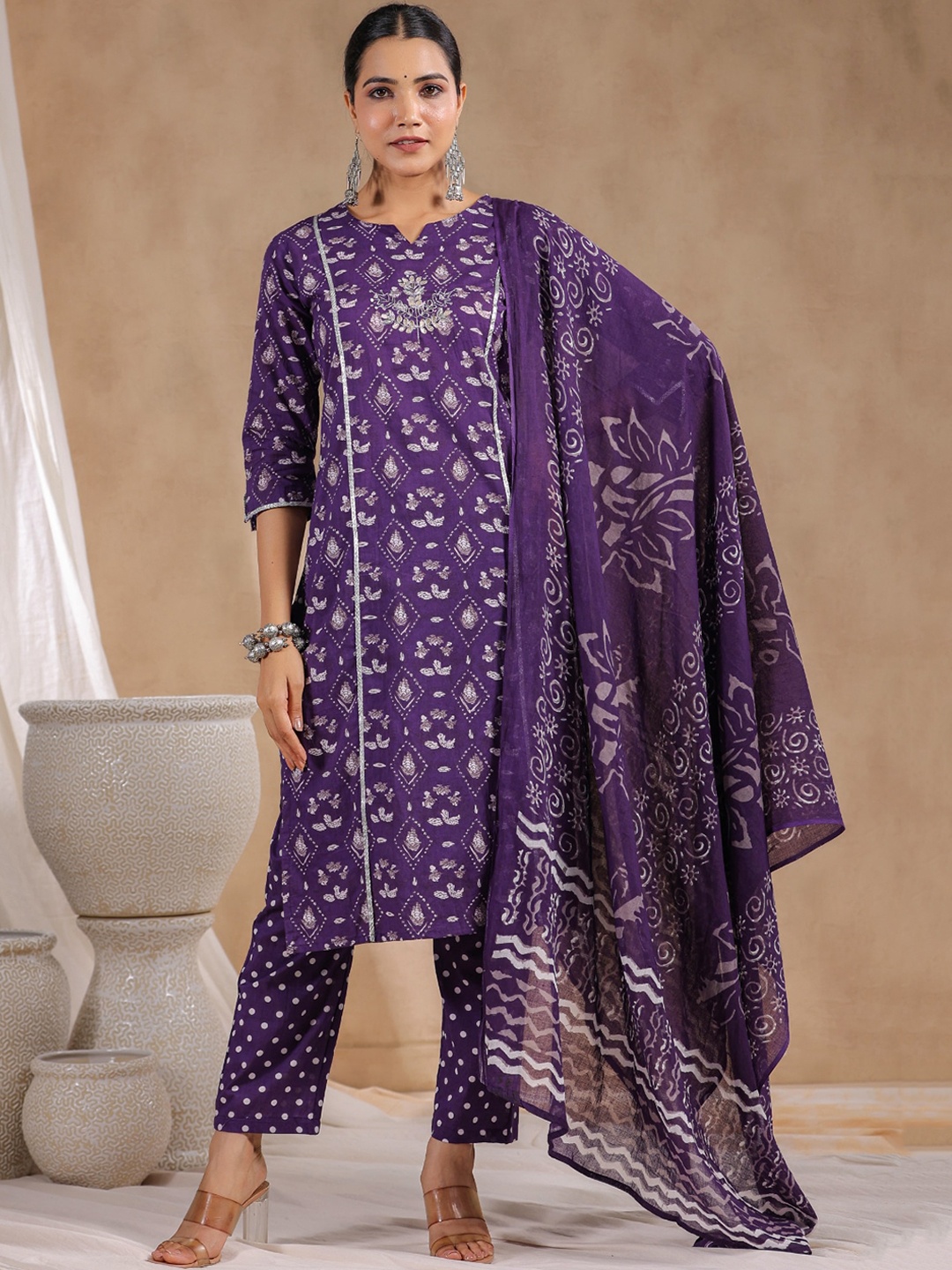 

Anubhutee Ethnic Motifs Printed Gotta Patti Pure Cotton Kurta With Trousers & Dupatta, Purple