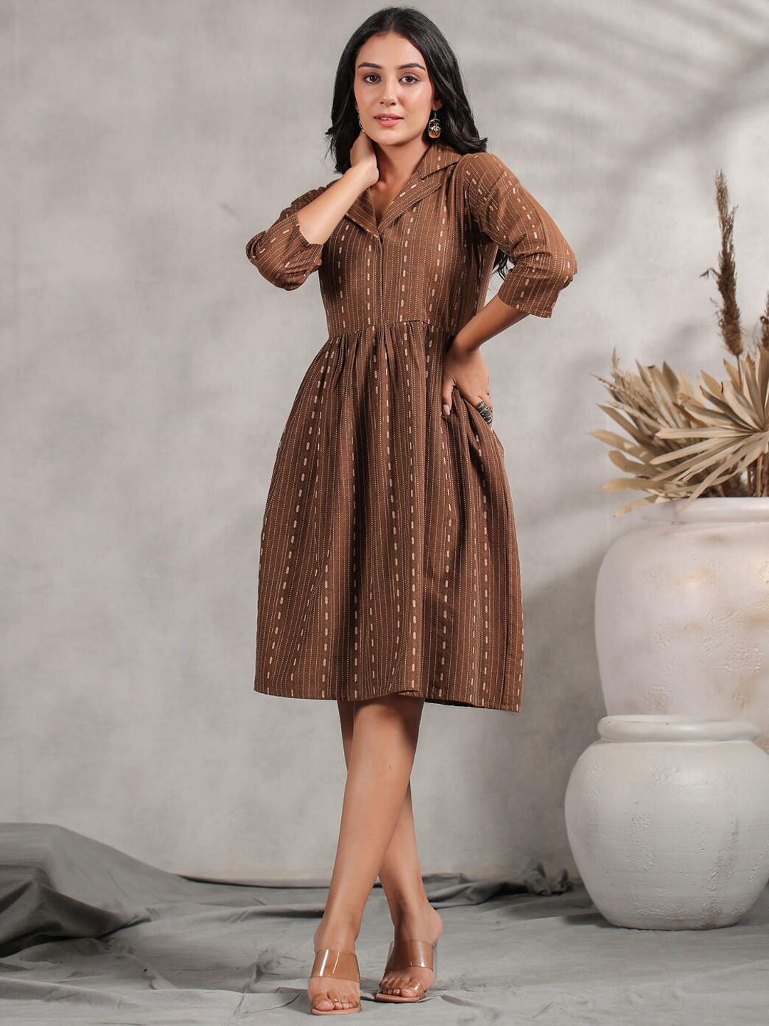 

Anubhutee Self Design Shirt Collar A-Line Dress, Brown