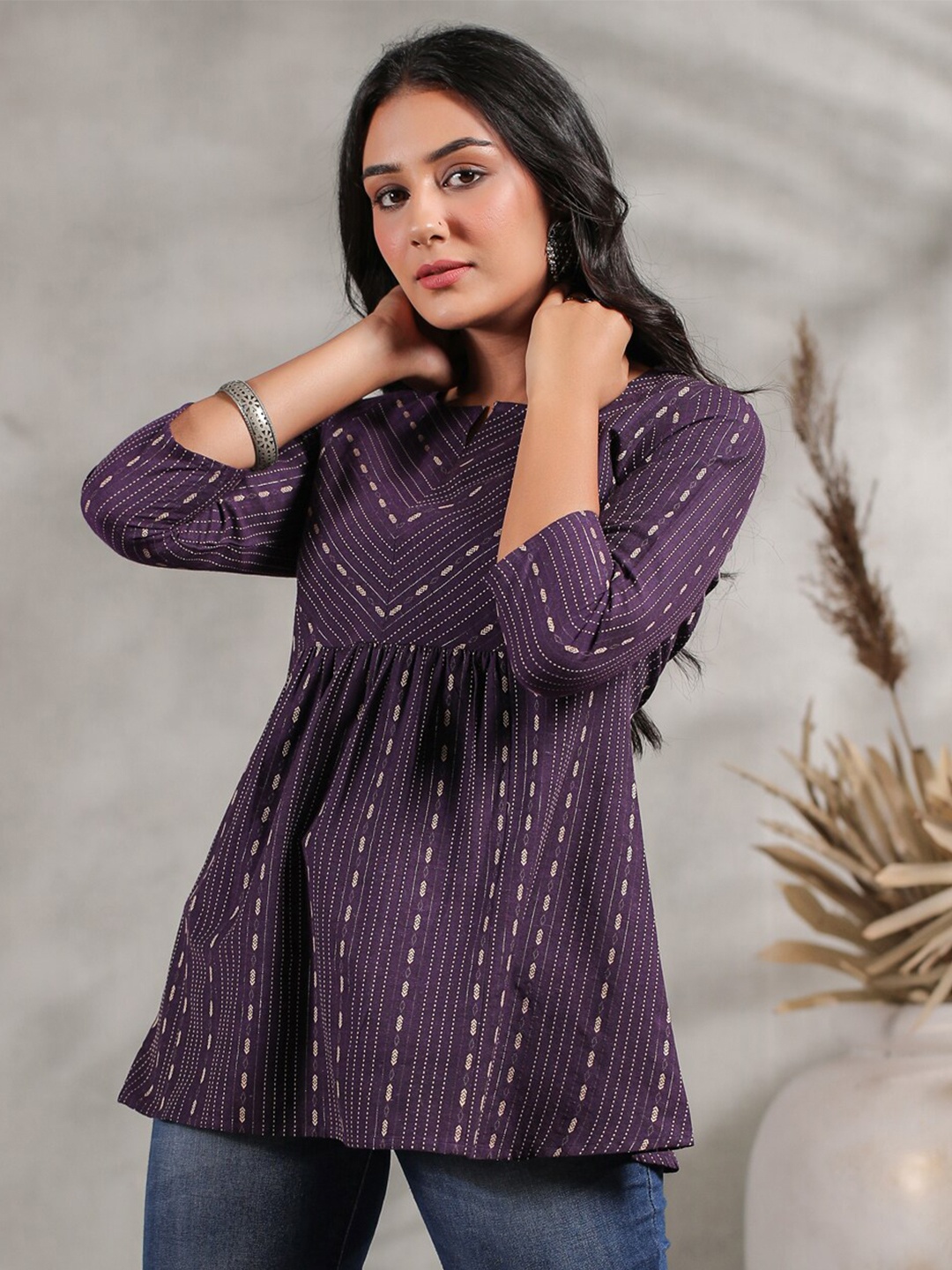 

Ishin Ethnic Motifs Printed Notched Neck A-Line Kurti, Purple