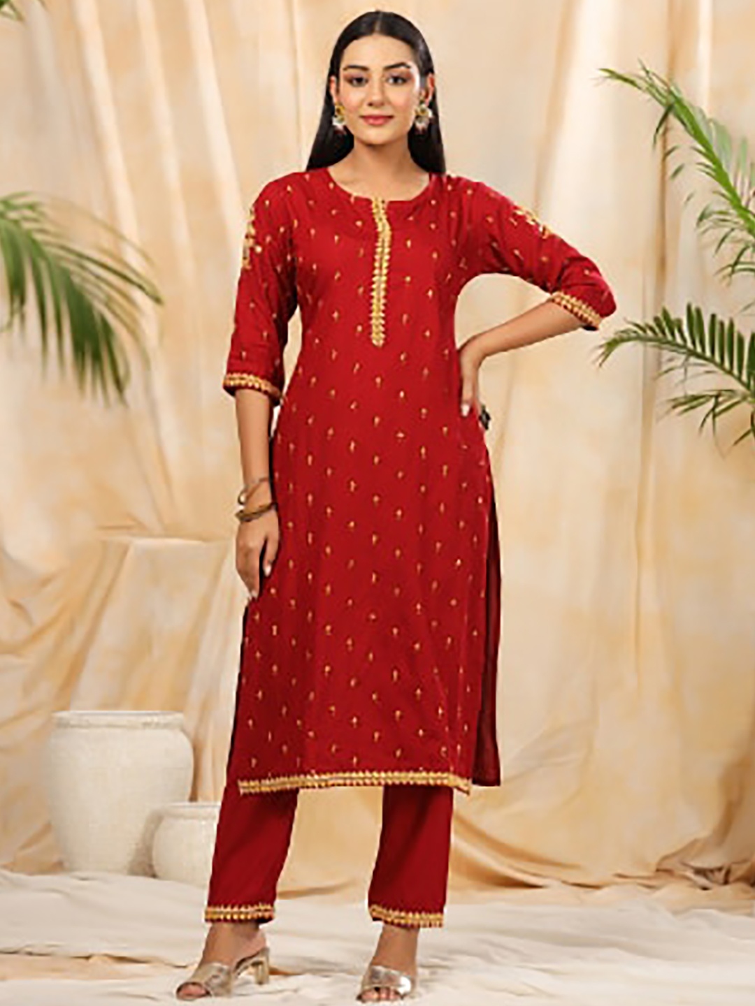 

Anubhutee Ethnic Motifs Embroidered Sequinned Straight Kurta With Trousers, Maroon