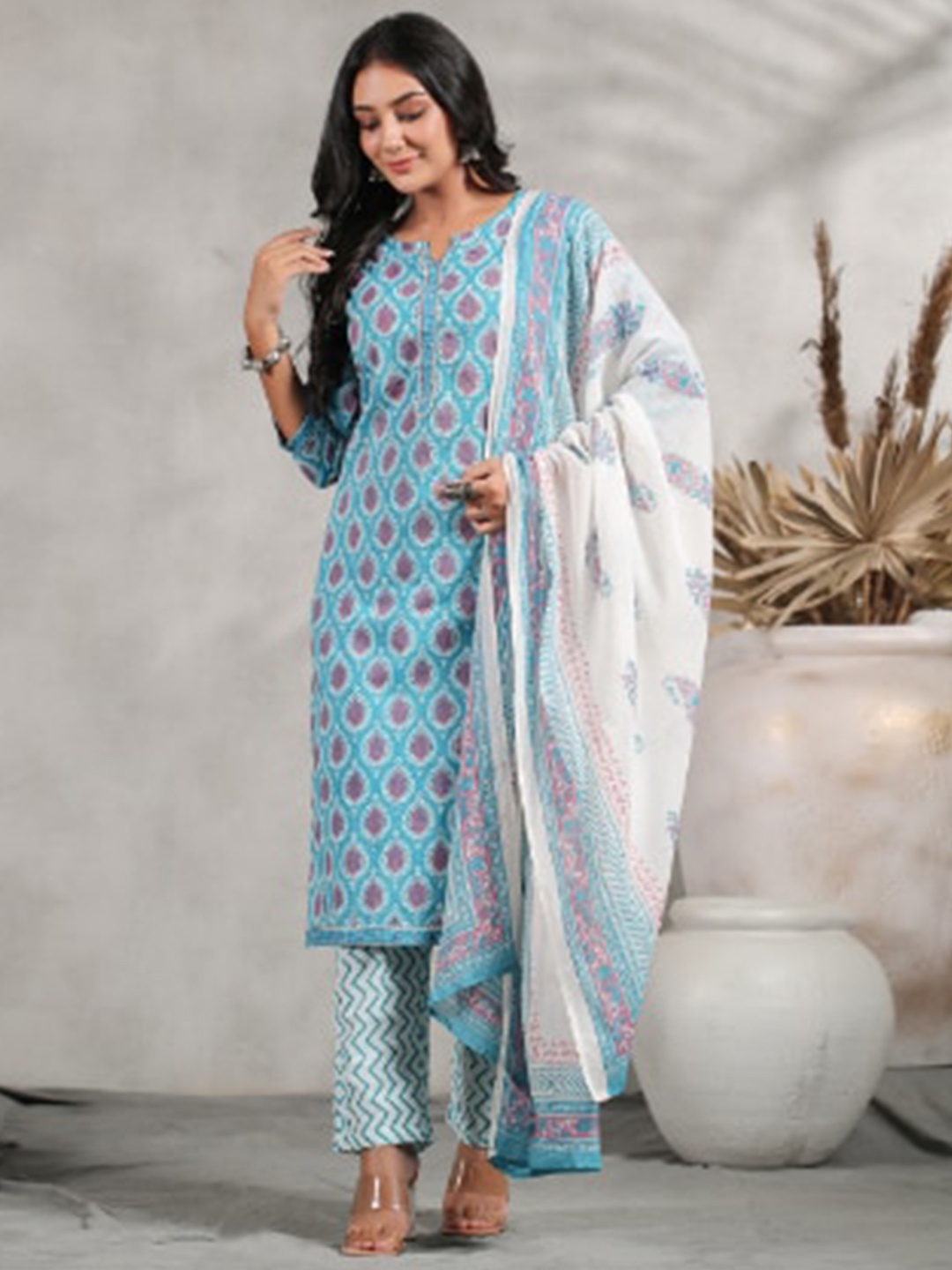 

Anubhutee Ethnic Motifs Printed Gotta Patti Pure Cotton Kurta with Trousers & Dupatta, Turquoise blue