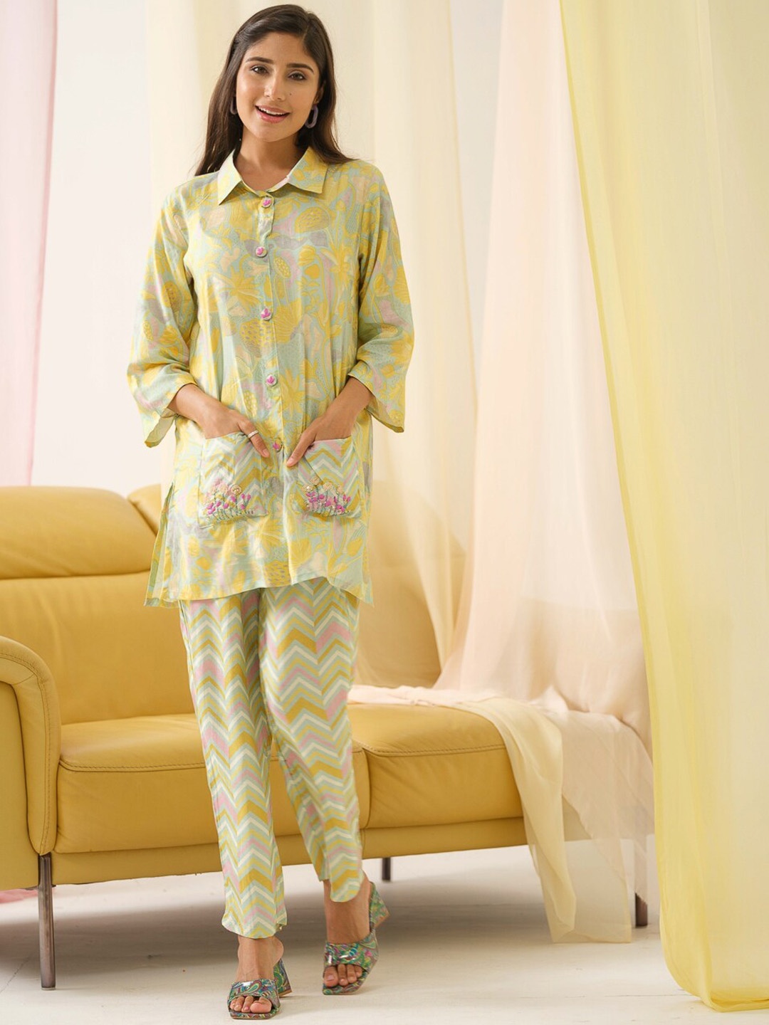 

Sangria Printed Shirt & Trouser Co-Ord Set, Yellow