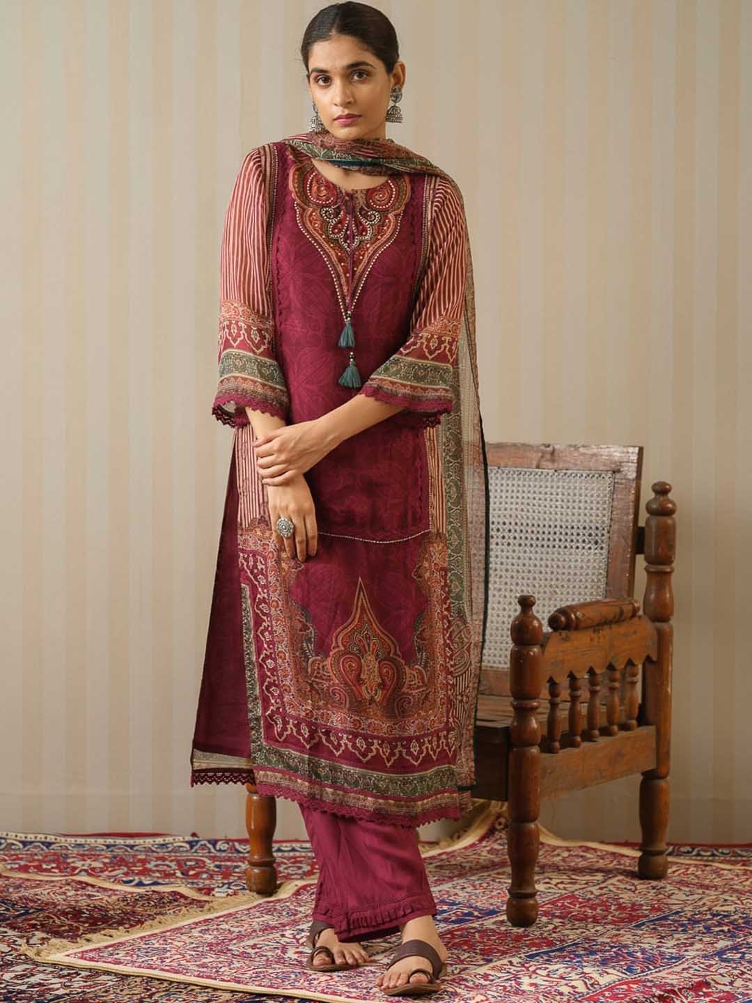 

Sangria Printed & Embroidered Straight Kurta With Trouser & Dupatta, Maroon
