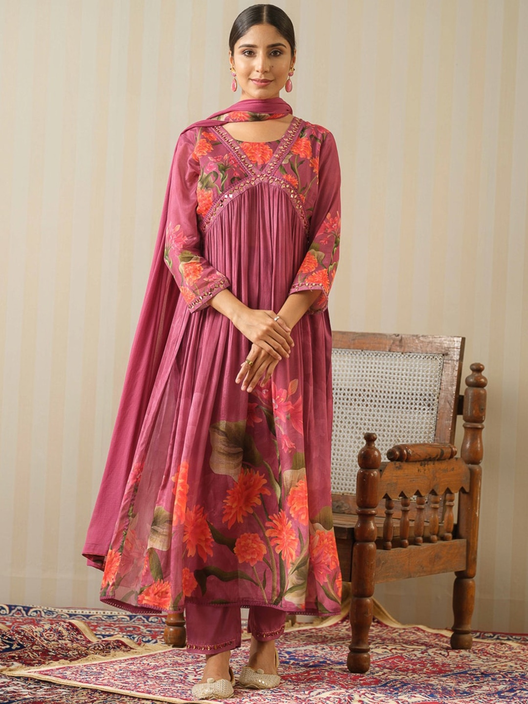 

Sangria Floral Printed Anarkali Kurta With Trouser & Dupatta, Pink