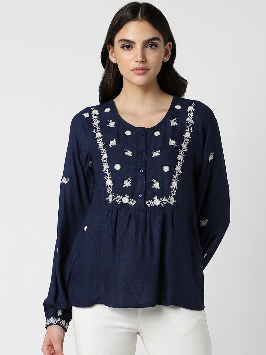 

Van Heusen Woman Floral Embroidered Round Neck A-Line Top, Navy blue