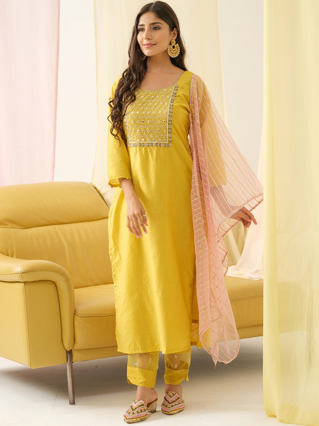 

House of Pataudi Yoke Embroidered Kurta Set, Yellow