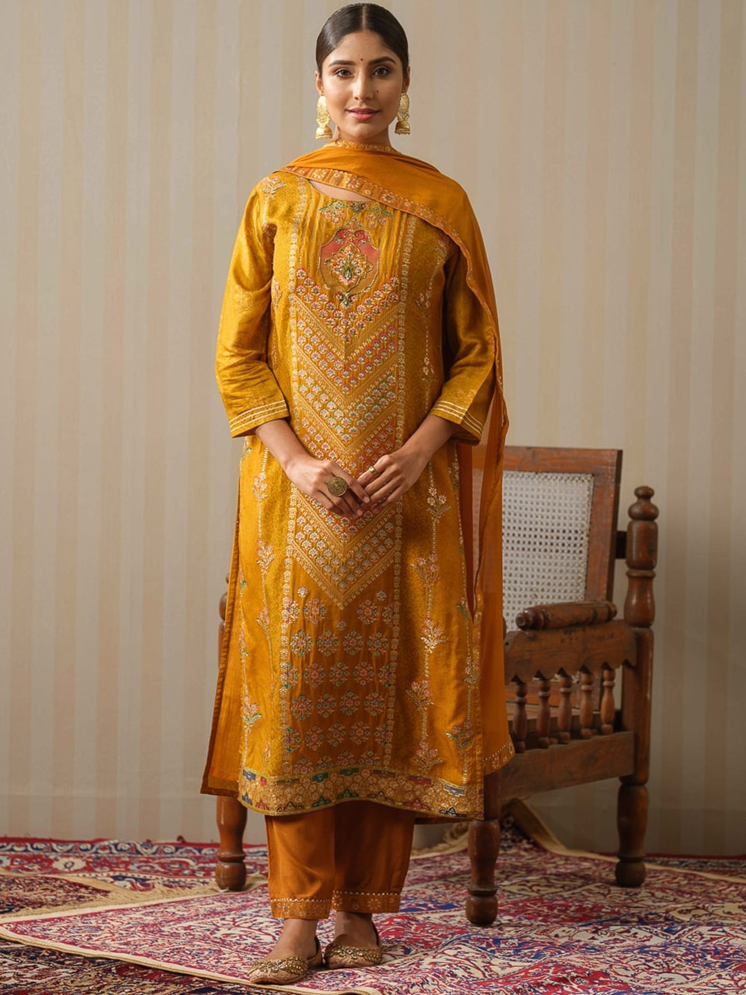 

House of Pataudi Ethnic Motif Self-Design A-Line Kurta With Trouser & Dupatta, Mustard
