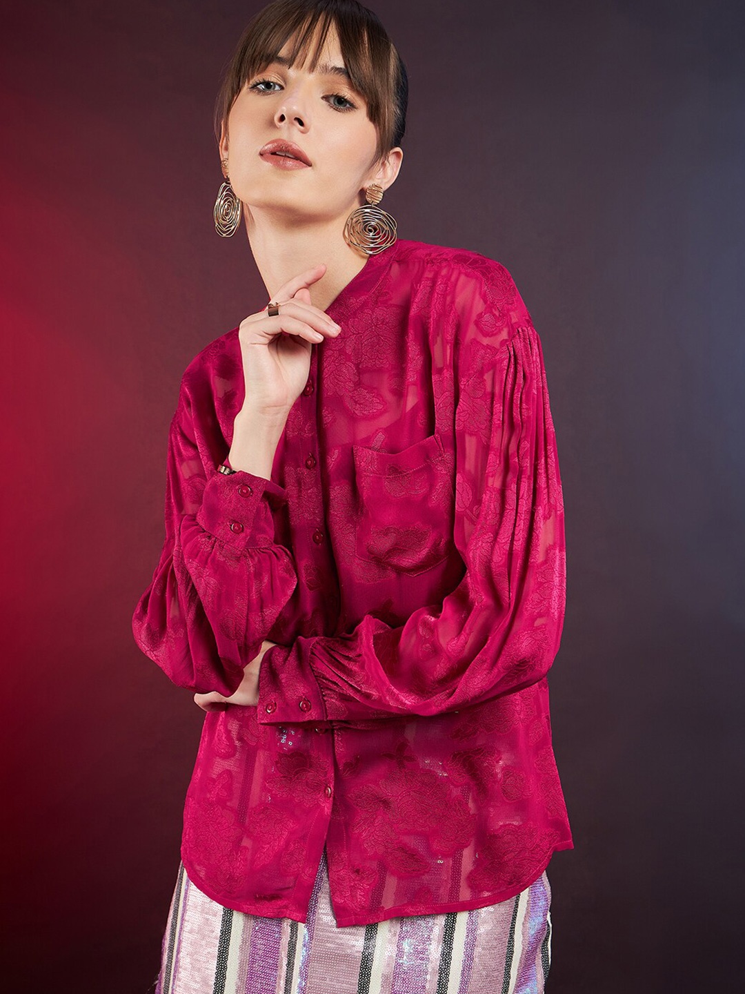 

DressBerry Maroon Self Design Band Collar Sheen Shirt Style Top
