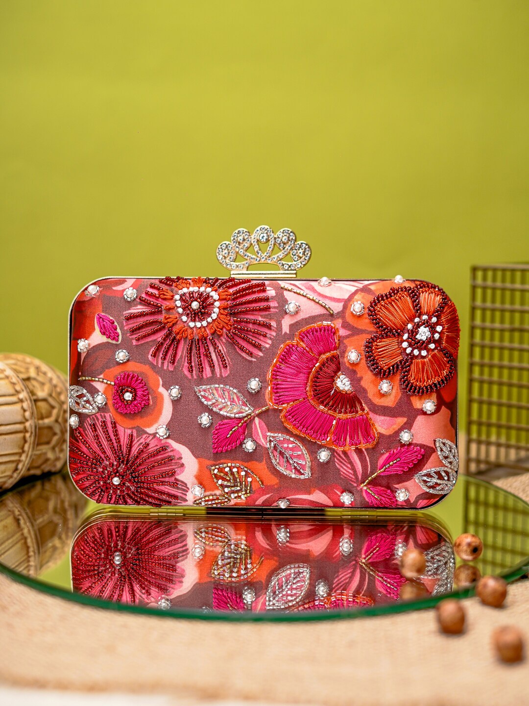 

NR By Nidhi Rathi Printed Beads Embellsihed Box Clutch, Red