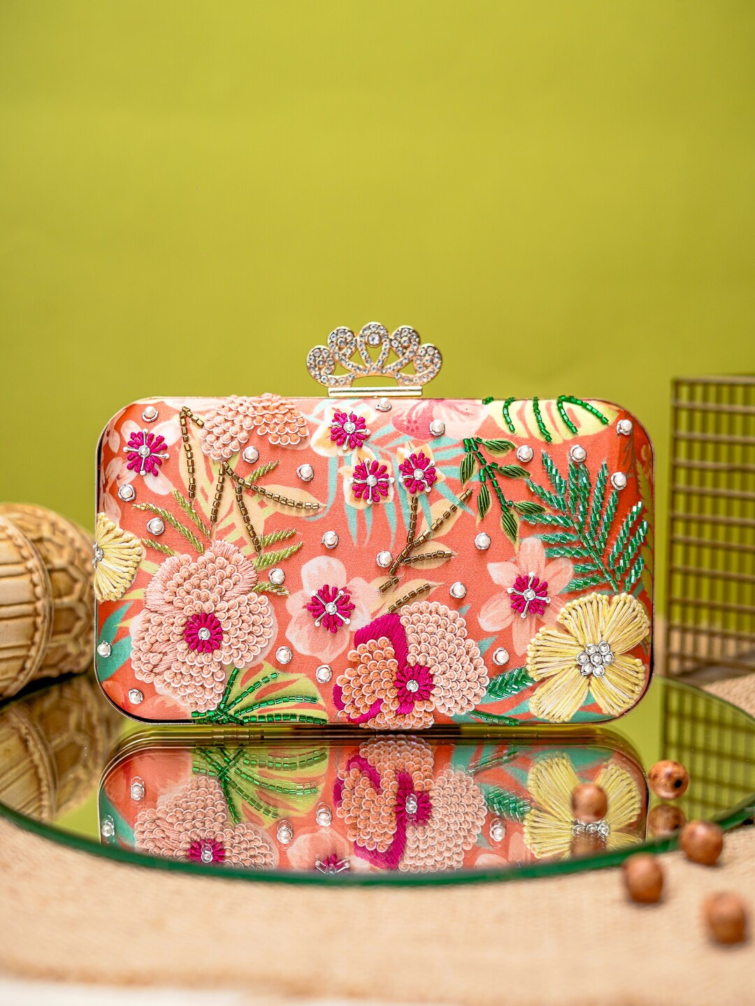 

NR By Nidhi Rathi Embroidered Beads Detail Box Clutch, Red