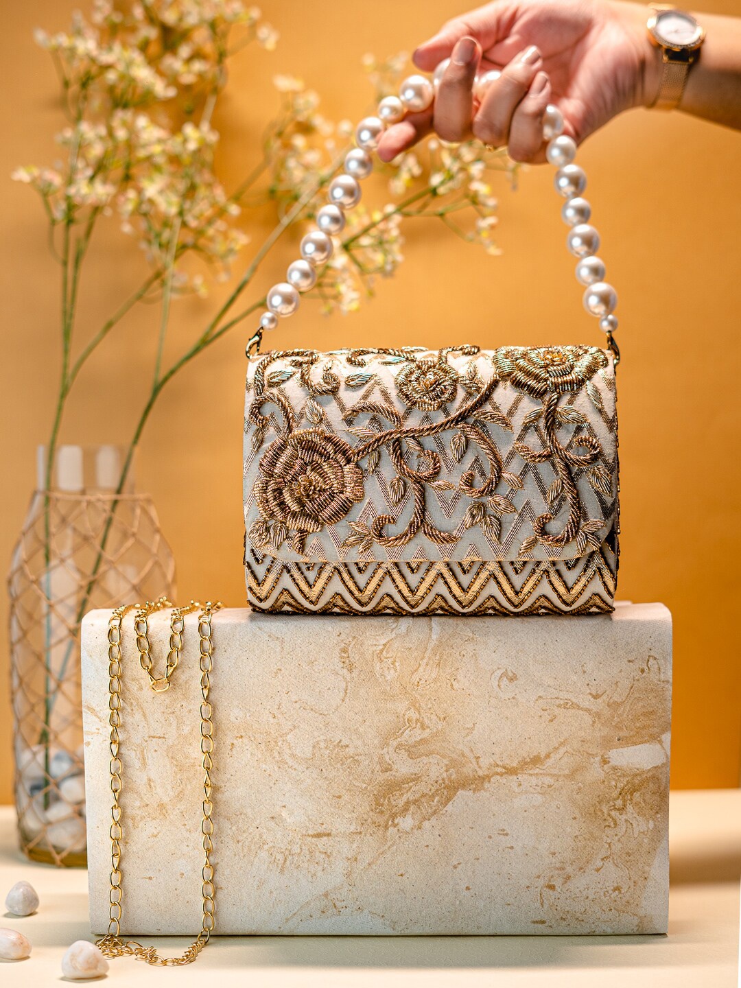 

NR By Nidhi Rathi Embroidered Foldover Clutch, Gold
