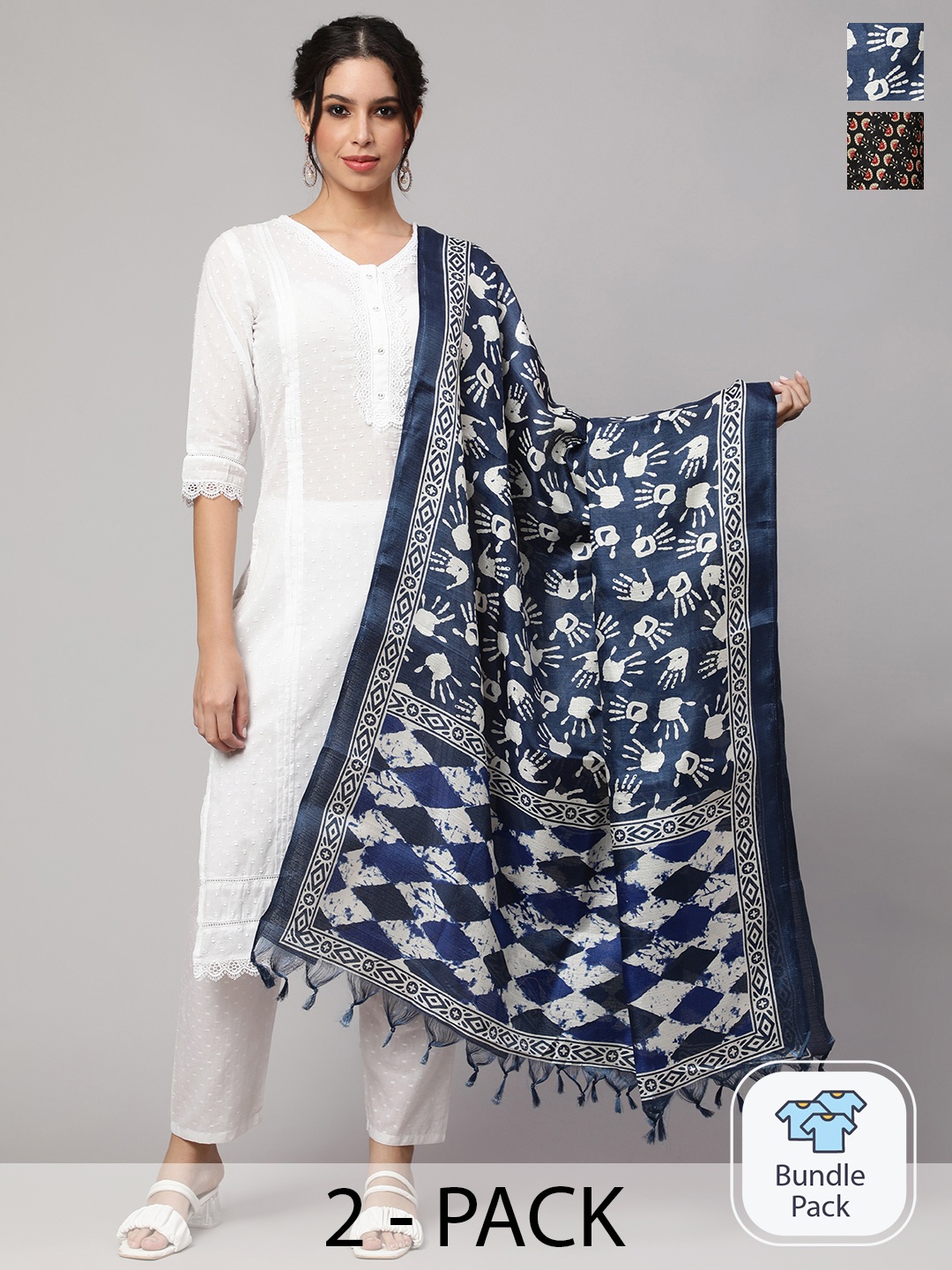

Nayo Pack of 2 Ethnic Motifs Printed Art Silk Dupatta, Blue