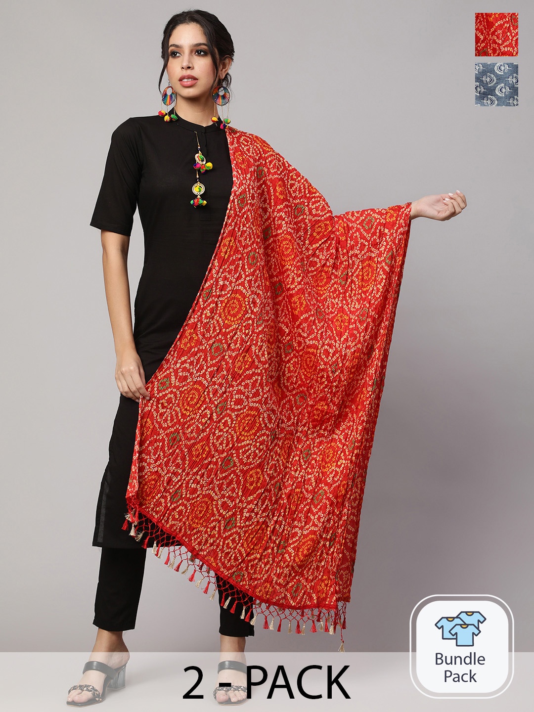 

Nayo Pack Of 2 Bandhini Printed Art Silk Dupatta, Grey