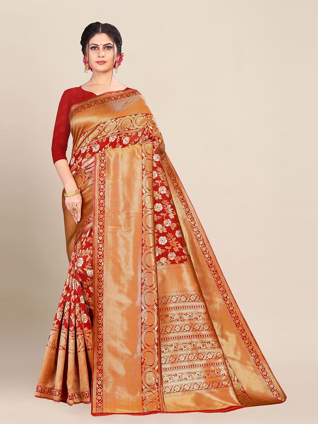 

Anjaneya Sarees Floral Woven Design Zari Banarasi Saree, Red
