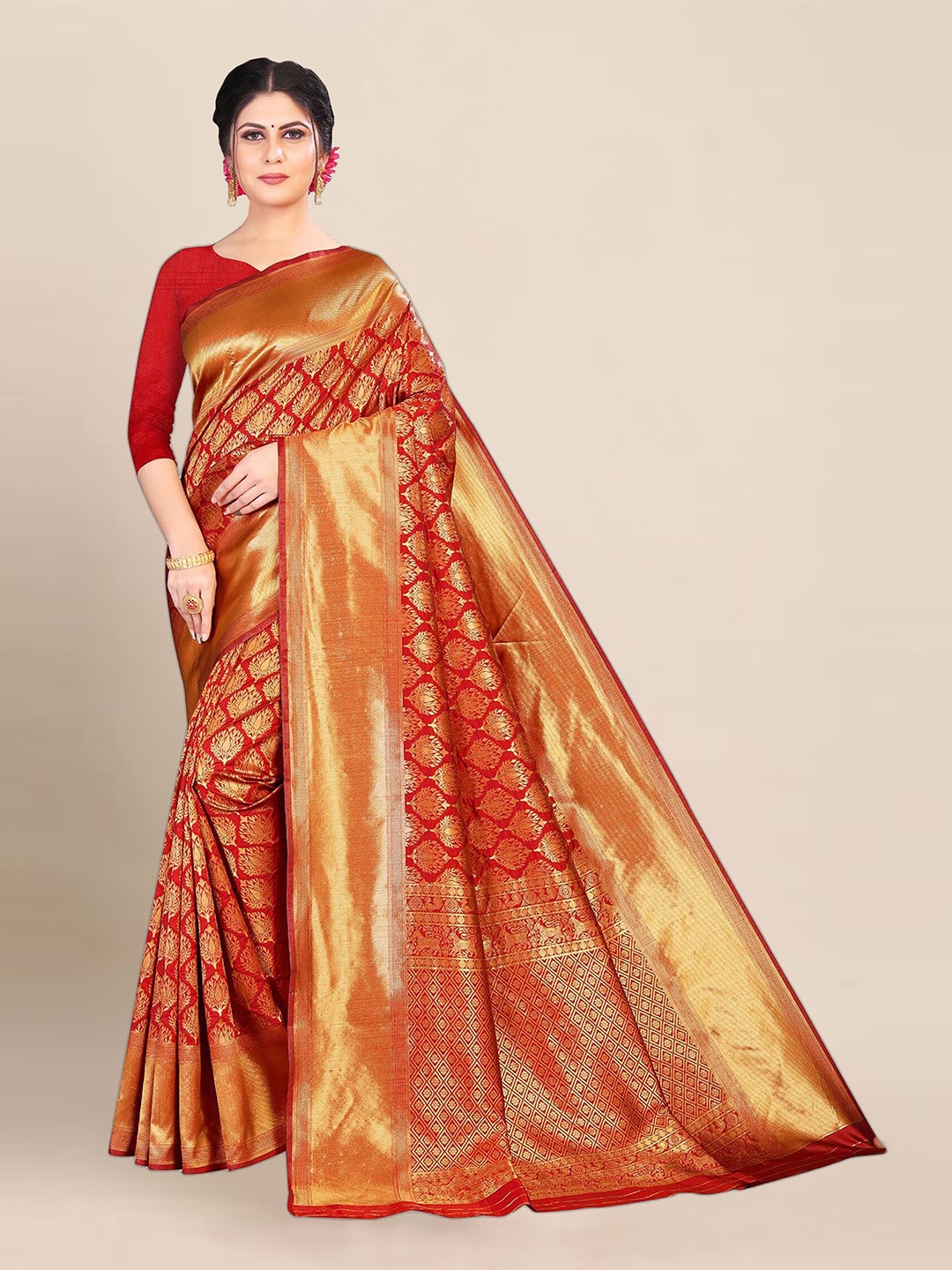 

Anjaneya Sarees Ethnic Motif Woven Design Zari Banarasi Saree, Red