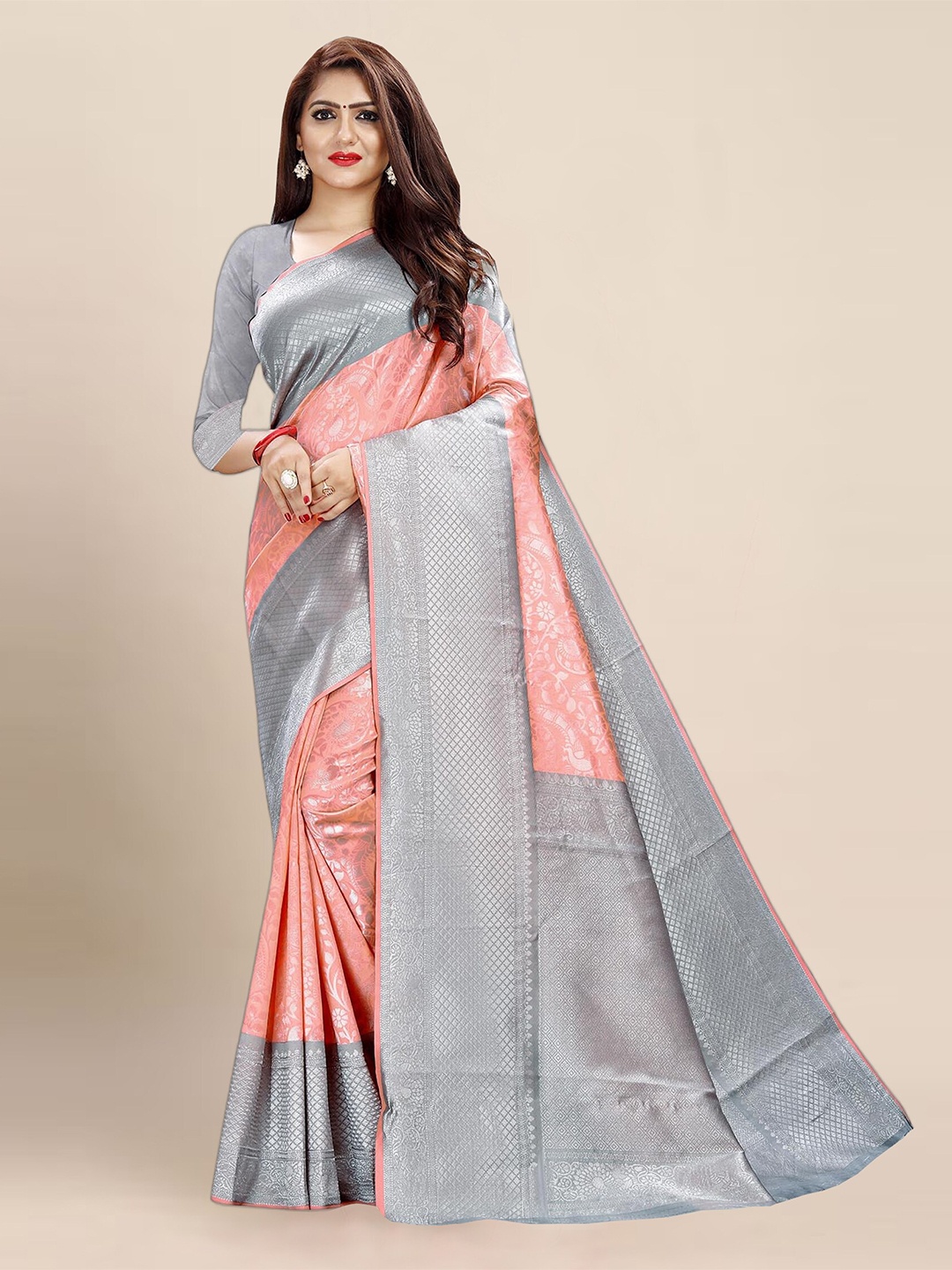 

Anjaneya Sarees Ethnic Motif Woven Design Zari Banarasi Saree, Peach