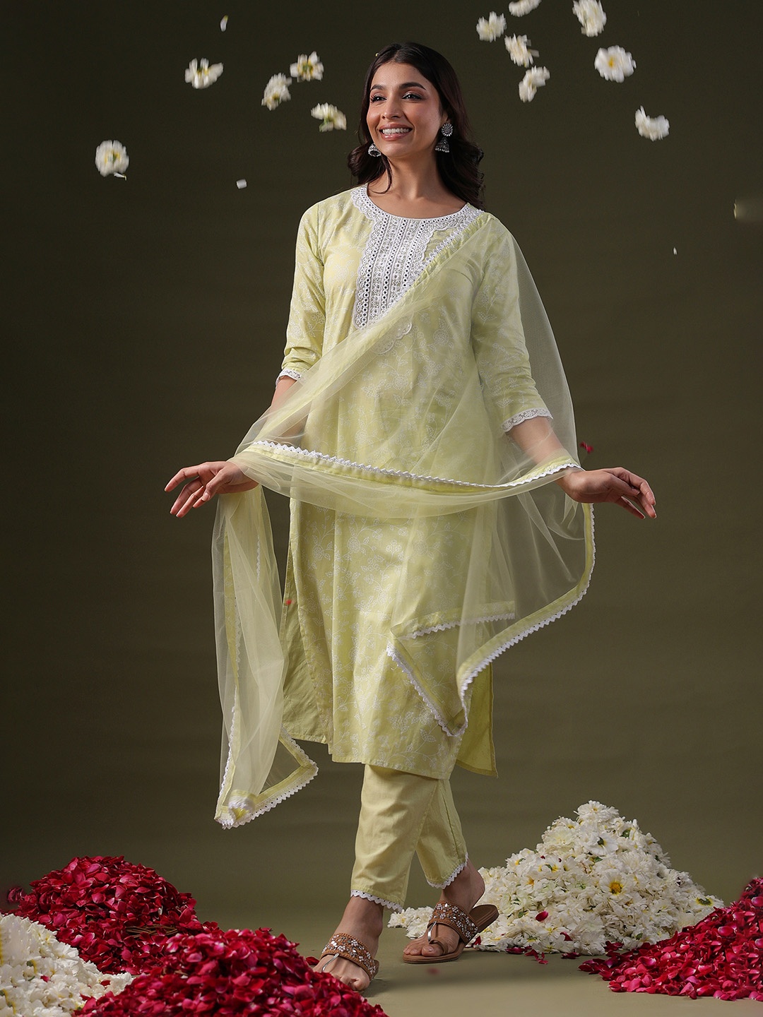

Indo Era Floral Printed Thread Work Kurta with Trousers & With Dupatta, Green