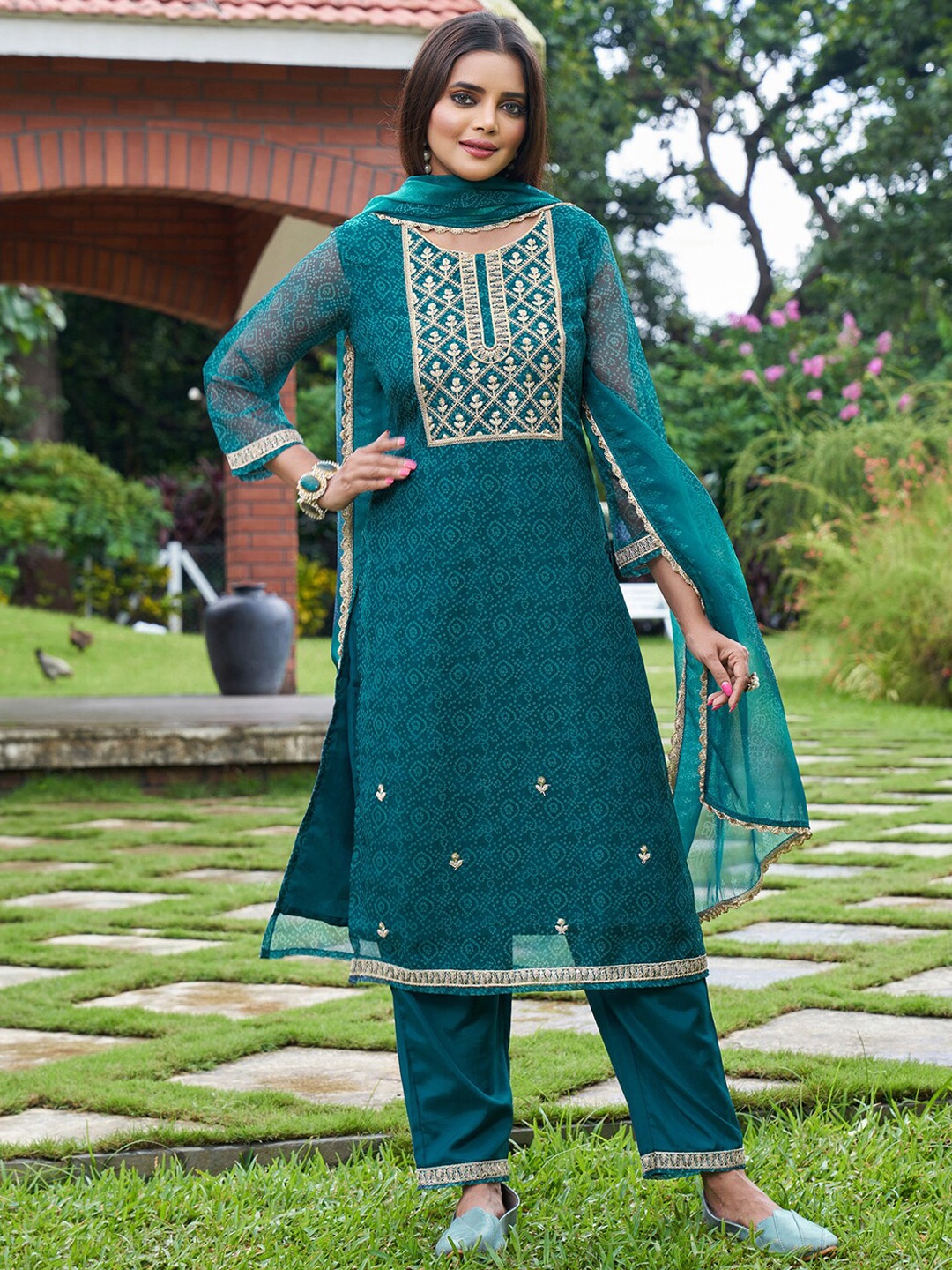 

Indo Era Bandhani Printed Regular Sequinned Kurta with Trousers & Dupatta, Blue