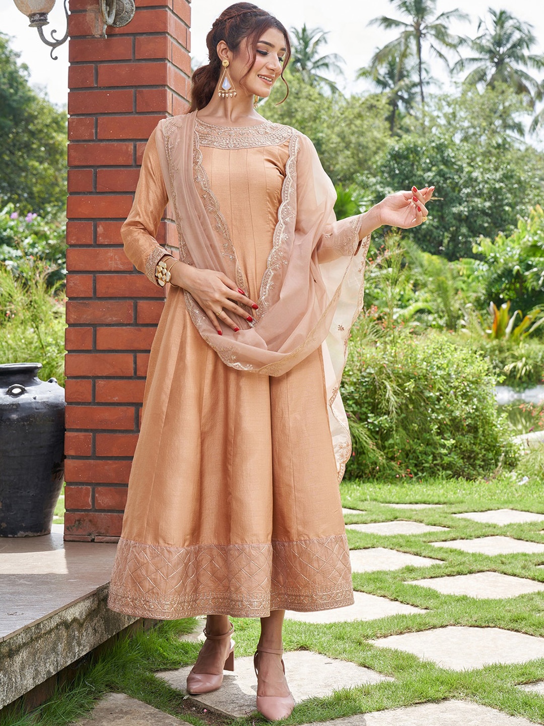 

Indo Era Embroidered Yoke Design Ethnic Dress With Dupatta, Brown