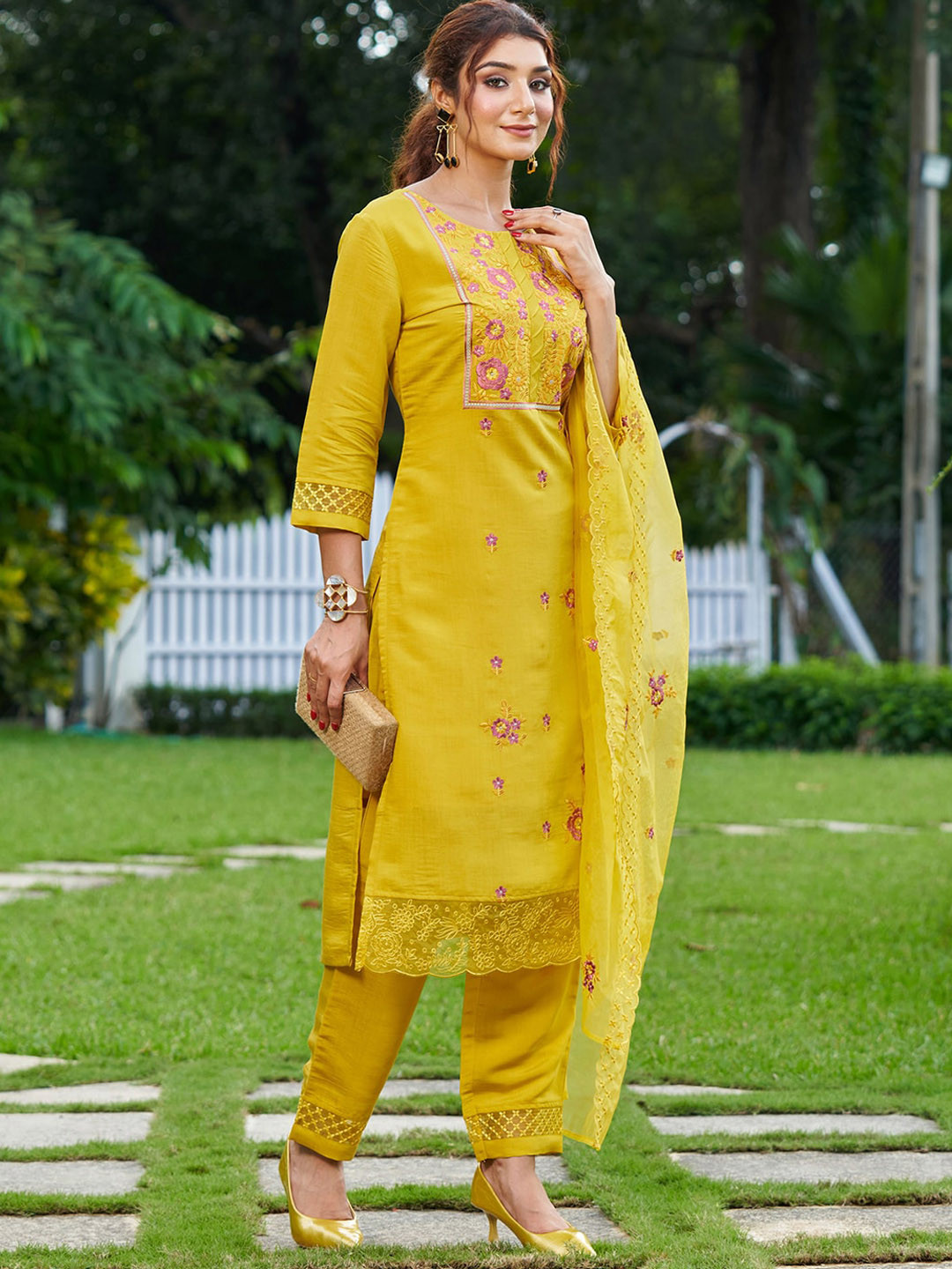 

Indo Era Floral Embroidered Thread Work Kurta With Trousers & Dupatta, Yellow