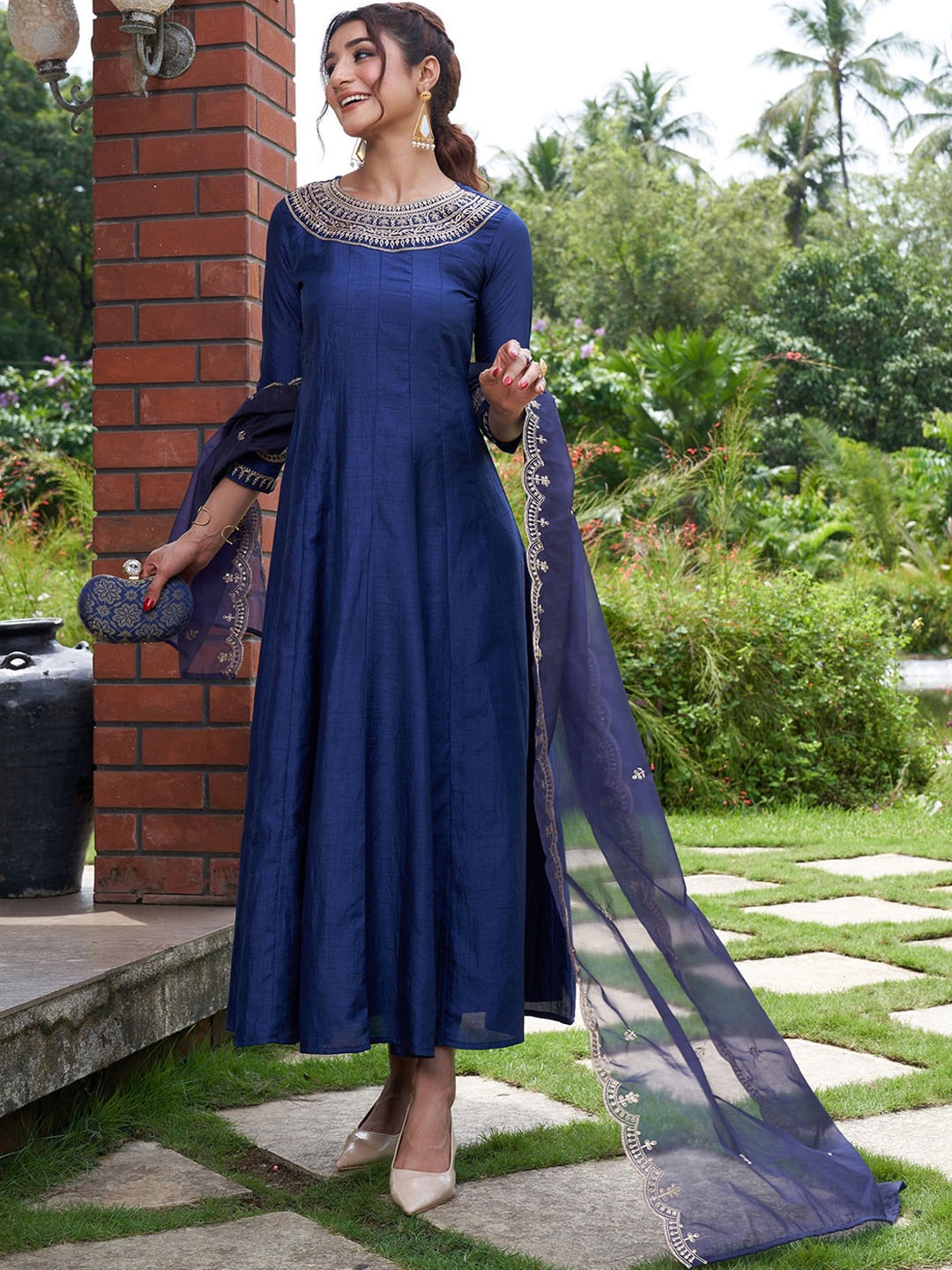 

Indo Era Embroidered Yoke Design A-Line Ethnic Dress With Dupatta, Blue