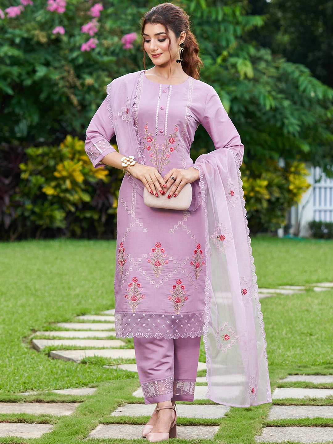 

Indo Era Floral Embroidered Mirror Work Kurta With Trousers & Dupatta, Lavender