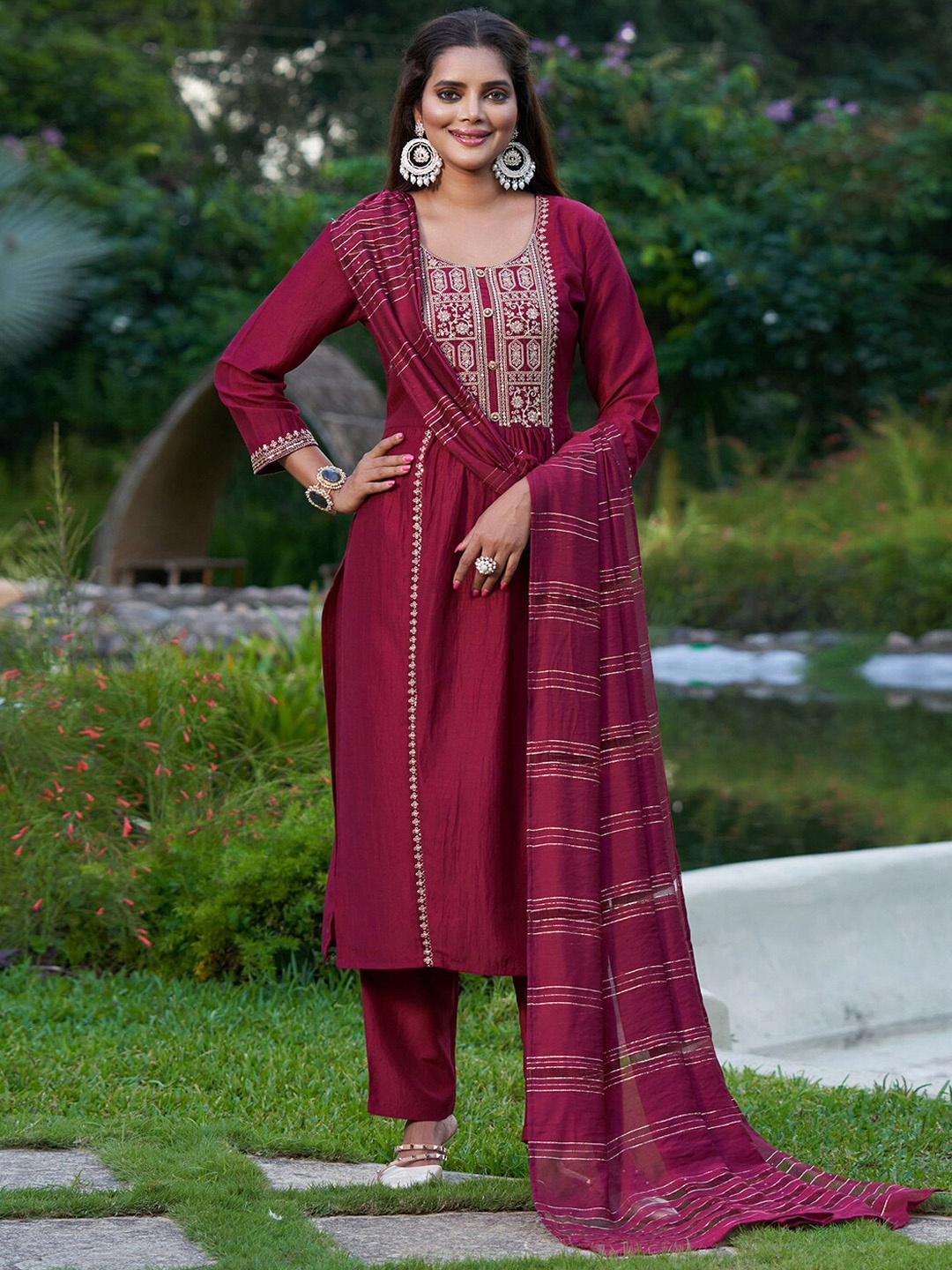 

Indo Era Ethnic Motifs Yoke Design Thread Work Kurta with Trousers & Dupatta, Maroon