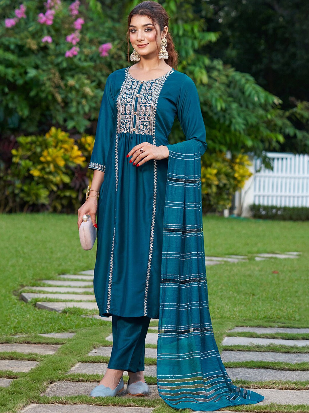 

Indo Era Ethnic Motifs Yoke Design Thread Work Kurta with Trousers & Dupatta, Teal