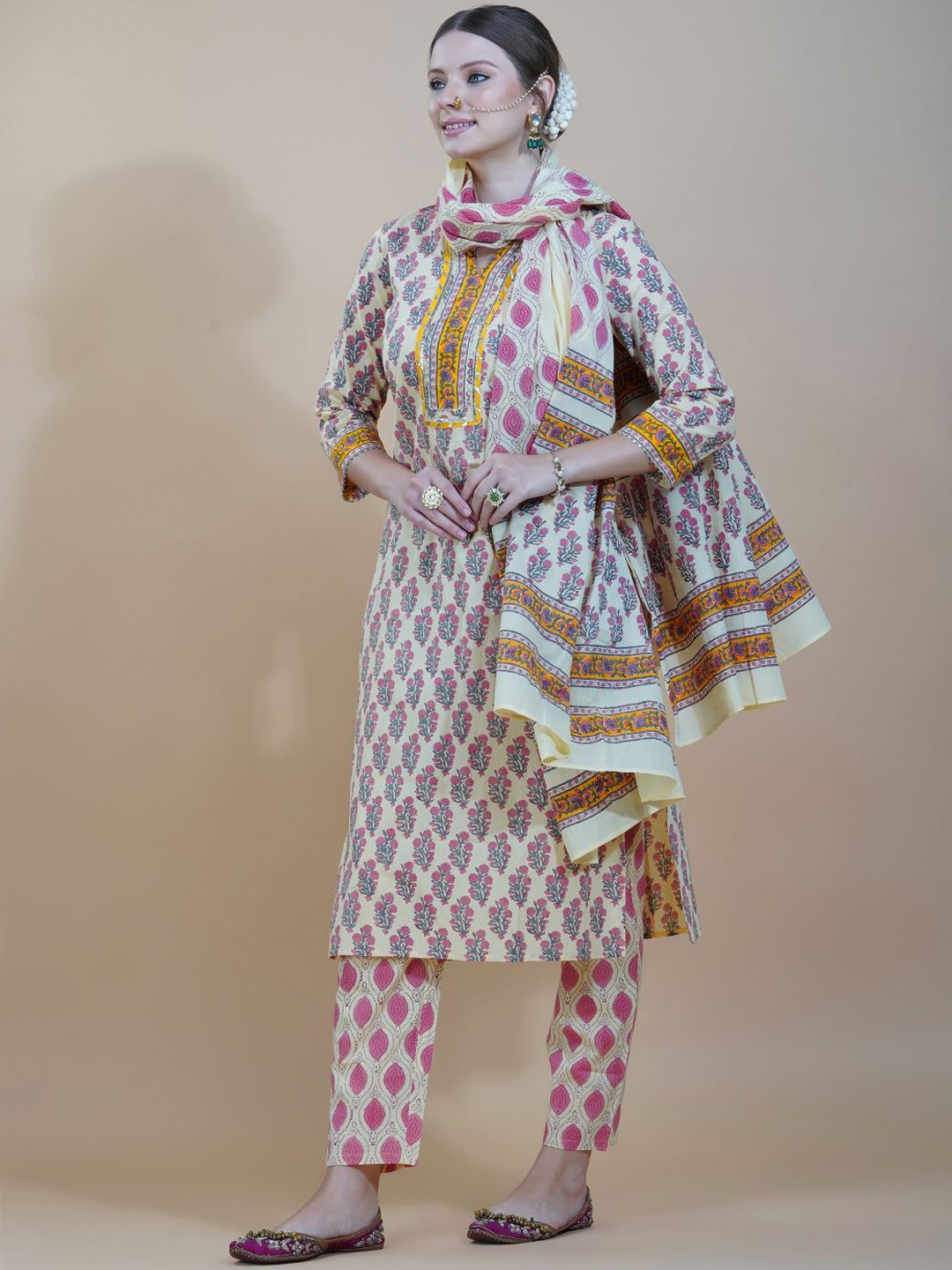 

INDOKASH Ethnic Motifs Printed Gotta Patti Pure Cotton Kurta With Trousers & Dupatta, Beige